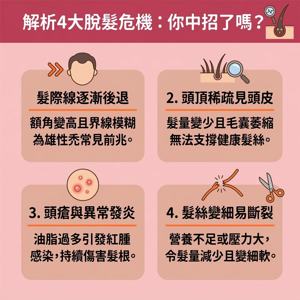 這是一張台灣健康部落格風格的 1:1 正方形資訊圖表,深入解析四大脫髮危機與居家生髮秘訣。圖表指出,當面對雄性禿時,應及早進行雄性禿脫髮治療以預防髮線後移。若出現異常的炎症,會損害髮根與頭皮深層細胞,導致掉髮。
為了解決頭髮稀疏並增加頭髮密度,我們需要改善頭皮微環境及抑制頭皮發炎。透過促進頭皮血液循環(改善血液循環)能加速新陳代謝,幫助修復受損毛囊。許多專業醫生推薦使用抗衰老生髮療程來延緩頭皮衰老。這些療程常運用幹細胞技術中的外泌體,搭配生長因子、藍銅勝肽、煙醯胺單核苷酸、氨基酸與抗氧化劑等黃金秘方,能有效激活毛囊細胞並刺激毛囊生長。
這些營養能促進膠原蛋白增生(補充膠原蛋白),進而強化髮根健康與增強髮絲韌度。無論是尋求改善產後脫髮的對策,還是需要喚醒休止期毛囊,這些成分都能保護毛囊,調節荷爾蒙影響,幫助延長毛髮生長期,最終達到減少掉髮數量的效果。