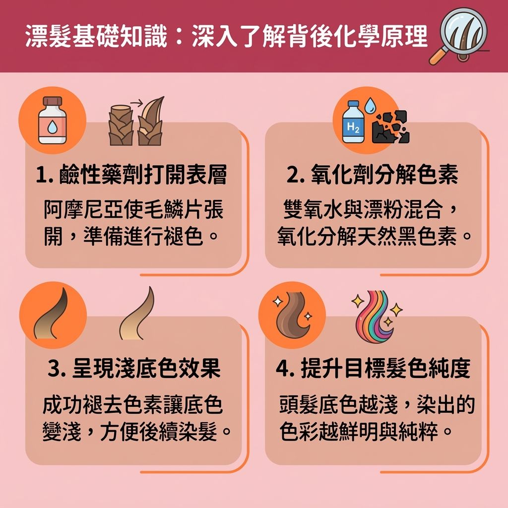 這是一張台灣健康部落格風格的 1:1 正方形扁平化資訊圖表,深入圖解漂髮與染髮的化學原理及保養知識。圖表生動描繪了化學物質(如阿摩尼亞)如何強行打開毛鱗片,並利用雙氧水結合漂粉氧化分解髮絲中的黑色素。
圖表同時警告了各種可怕的漂髮後遺症與漂髮脫髮原因。過度漂染會破壞蛋白質與角蛋白,嚴重影響髮質並導致斷髮。若水中含有過多礦物質(如硬水),更可能引發硬水洗頭脫髮。化學刺激容易造成頭皮敏感發炎及漂髮頭皮痛,進而傷害頭皮與毛囊,最終導致漂髮傷毛囊甚至脫髮。
為了尋求髮質變差解決方案及改善毛躁髮質,圖表詳細介紹了正確的漂髮護理與漂染頭髮保養。在漂後保養步驟中,強烈建議使用護髮素與髮膜來深層滋潤髮絲並補充頭髮角蛋白。這是保護毛鱗片、修復受損頭髮及預防漂染斷髮的關鍵。同時提醒大家需留意漂髮次數限制以減少化學傷害。最後,針對漂髮褪色保養,推薦使用去黃洗頭水來維持完美髮色。