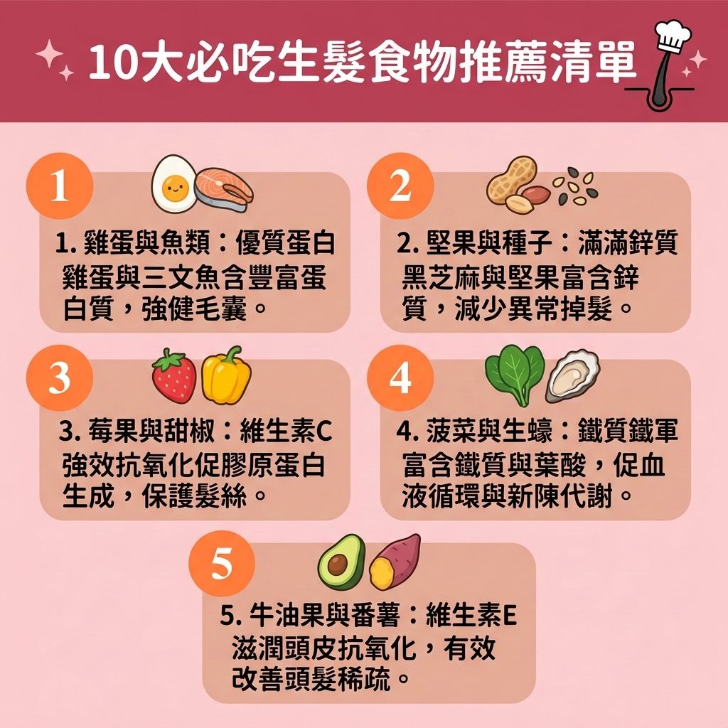 這是一張 1:1 正方形的扁平化向量資訊圖表插畫,採用台灣健康部落格風格,詳列 10 大【生髮食物推薦】與【防脫髮飲食】指南。面對【女性脫髮原因】與【男性脫髮危機】,當【頭皮】缺乏營養或【頭皮油脂分泌】異常導致【脫髮】與【雄性禿】時,及時【補充頭髮營養】與【補充蛋白質】是關鍵的【預防脫髮方法】。
圖表建議多攝取富含【蛋白質】與【氨基酸】的【雞蛋】與【三文魚】,有助於合成【角蛋白】,【強健髮根】並保護【毛囊】。富含【鋅質】與【生物素】的【堅果】、【黑芝麻】及生蠔,能【減少掉髮】。同時,菠菜中的【鐵質】與【葉酸】能【改善頭皮血液循環】與【血液循環】,促進【新陳代謝】。莓果與甜椒則能促進【膠原蛋白】生成。
這些【生髮營養素】能【溫和清潔頭皮】、【舒緩頭皮敏感】、【頭皮保濕護理】、【解決毛孔堵塞】,有效【激活休眠毛囊】,【延長生長週期】並【促進頭髮生長】。若想進一步【改善頭髮稀疏】,除了食療,也可搭配含藥用成分的【生髮水】,或尋求【專業生髮療程】與【植髮】技術來重拾濃密秀髮!