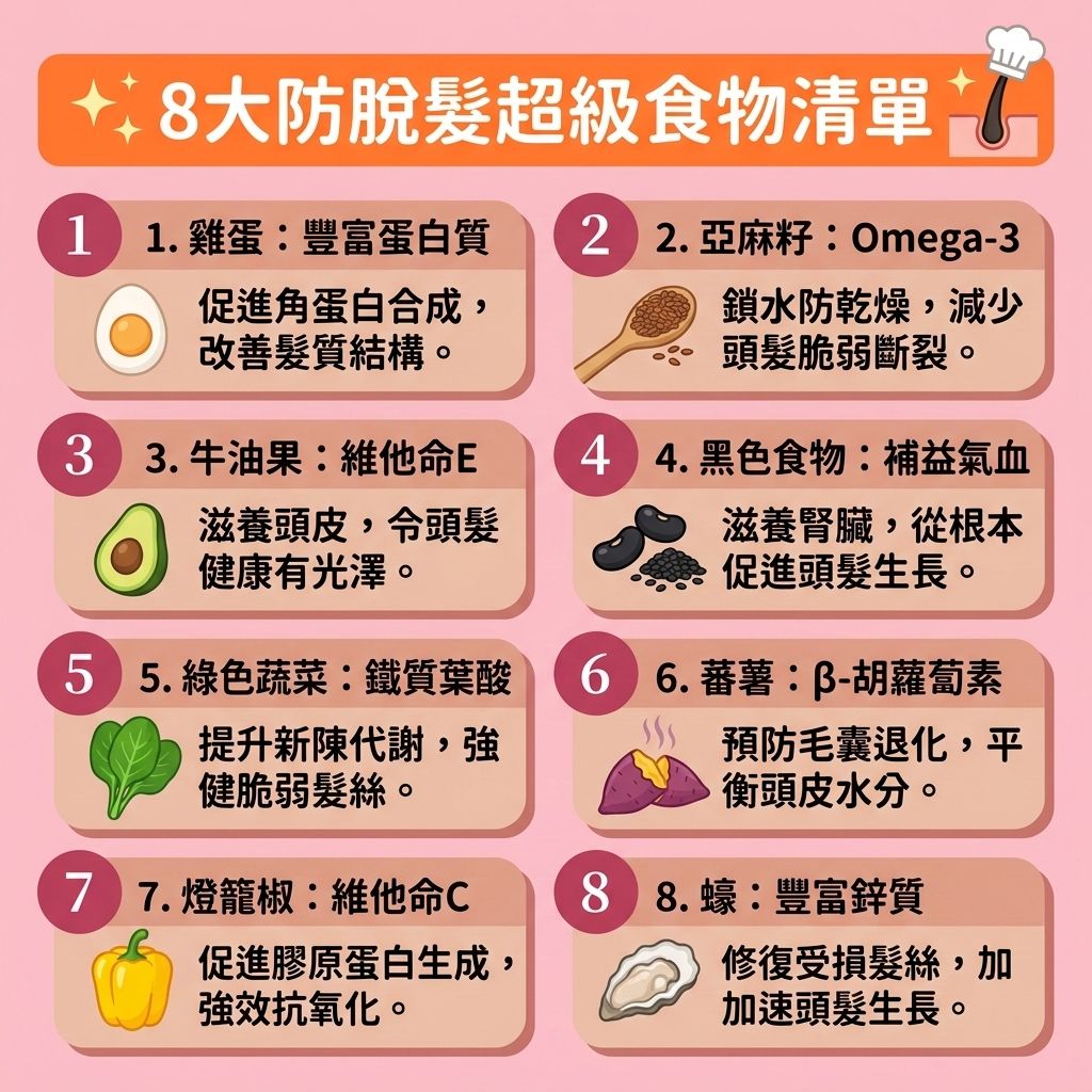 這是一張 1:1 正方形的可愛扁平化向量資訊圖表,以台灣健康部落格風格介紹【防脫髮食物】與【脫髮食療】,教導大眾如何透過飲食作為【預防脫髮方法】來【解決掉髮問題】。
圖表指出,若因【腎虛】或【氣血】不足導致脫髮,必須【調理肝腎氣血】及進行【中醫脫髮調理】。建議多吃【黑芝麻】、【何首烏】、【黑豆】與【核桃】,幫助【滋養脆弱髮絲】與【改善頭髮稀疏】。日常應攝取【豐富蛋白質食物】如【雞蛋】,能補充【蛋白質】與【生物素】,促進【角蛋白】與【膠原蛋白】生成,有助於【強健脆弱髮根】並【增加頭髮密度】。
多吃【菠菜】、【海帶】等含有【鐵質】與【維他命】的蔬菜,能【改善貧血脫髮】,維持良好的【血液循環】以【促進頭皮血液循環】,進而【補充頭髮營養】及【改善頭皮環境】。適量補充含有【鋅質】的食物,能【平衡頭皮油脂】,保護【頭皮】與【毛囊】,達到【延緩毛囊老化】、【激活休眠毛囊】及【刺激毛囊再生】的效果,最終能【減少掉髮數量】並【促進頭髮生長】!