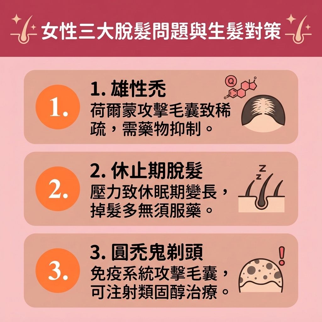 這是一張 1:1 正方形的台灣健康部落格風格資訊圖表,主題探討【女性脫髮原因】與【生髮藥物推薦】。圖表詳細解析三大【脫髮】類型。第一是受【遺傳】與【荷爾蒙】影響的【遺傳性脫髮】與【脂溢性脫髮】(即【雄性禿】)。當體內【睪酮】轉化為【雙氫睪酮】會攻擊【毛囊】,【抑制荷爾蒙】成為關鍵的【雄性禿治療方法】。此時可使用含【米諾地爾】或【非那斯特萊】的【處方藥物】、【口服生髮藥】及【外用生髮水】(如【生髮水】),幫助【預防脫髮】、【延長生長週期】並【激活休眠毛囊】,同時需注意【生髮水副作用】及【副作用】風險。
第二是休止期脫髮,壓力等因素會使頭髮減少,需【強健髮根】、【改善頭髮稀疏】與【減少掉髮】。第三是圓禿,因免疫系統攻擊引發局部掉髮,嚴重者可能需考慮【植髮】或【專業生髮療程】。日常保養上,圖表建議維持良好的【血液循環】,平衡【雌激素】,避免【皮脂腺】分泌過盛導致【頭皮油脂分泌】異常或【毛囊炎】。可搭配【咖啡因】成分的【洗髮水】或【防脫髮洗頭水】,發揮【咖啡因洗髮露功效】,幫助保護【頭皮】,【促進頭髮生長】。這是一張深具醫美教育意義的圖解指南。