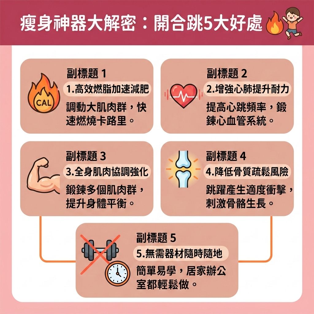 這是一張台灣健康部落格風格的 1:1 正方形資訊圖表,主題介紹開合跳這項全身消脂運動。它是一種能快速提高心跳率的有氧運動,若結合無氧運動或高強度間歇訓練,能有效提升基礎代謝與整體的基礎代謝率。透過運動能大量消耗卡路里,鍛鍊核心肌群與其他部位的核心肌群,並增加肌肉量(提升肌肉量),進而改善心肺功能與改善新陳代謝。
在減肥過程中,若遇到體重下降的停滯期,除了配合間歇性斷食、減少碳水攝取(控制碳水化合物)及控制熱量攝取外,補充優質蛋白質並持續運動,能幫助您突破減肥停滯期,成功打造易瘦體質。這能有效燃燒深層脂肪,擊退內臟脂肪與皮下脂肪,破壞深層脂肪細胞,以消除頑固脂肪並預防脂肪積聚,最終達到降低體脂比例與降低體脂率的目標。
除了開合跳,亦可嘗試空中瑜伽來塑造緊緻線條。若想尋求更直接且高效的局部減脂療程,醫學美容是另一極佳選擇。香港完美醫療提供專業的專屬瘦身方案與無創減脂技術。透過先進的溶脂儀器進行精準的醫美定位修形,能安全有效地為您重塑完美體態!
