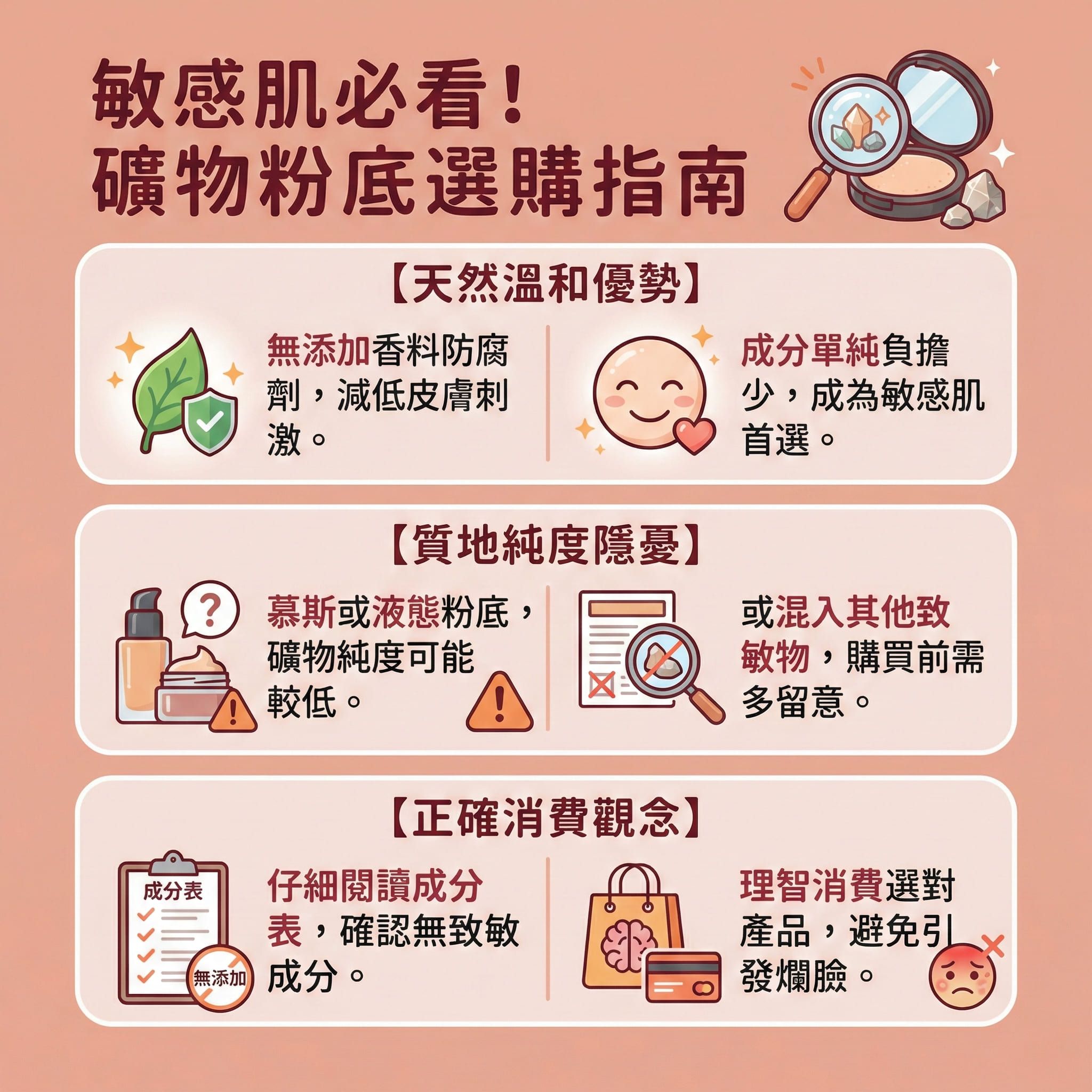 這是一張方形扁平化向量資訊圖表,主題為礦物粉底選購指南,以台灣健康部落格風格呈現,適合醫學美容教育。圖表探討為何皮膚科醫生推薦使用礦物化妝品,尤其是作為敏感肌粉底。這類無添加化妝品蘊含天然礦物成分如雲母、氧化鐵,以及作為物理防曬成分的二氧化鈦與氧化鋅,能提供防曬與遮瑕效果,輕鬆打造透薄自然底妝。因為不含化學成分、防腐劑、香料及滑石粉,它溫和不刺激,能減少皮膚負擔。對於暗瘡肌膚,它是一款優質的不致粉刺粉底,不會與皮脂混合而堵塞毛孔形成粉刺,有助於預防暗瘡惡化,是熱門的礦物粉底暗瘡肌及礦物粉底推薦選擇。圖表也說明了礦物粉底用法,建議使用化妝掃沾取碎粉進行控油定妝,有助減少油脂分泌、改善毛孔堵塞並遮蓋暗瘡印。清潔方面,許多這類產品只需一般洗面乳卸妝,免去繁複的卸妝步驟。此外,圖表特別提醒了礦物粉底缺點,即液態質地可能純度不足而致敏,提醒消費者購買礦物粉底前需仔細檢查。
