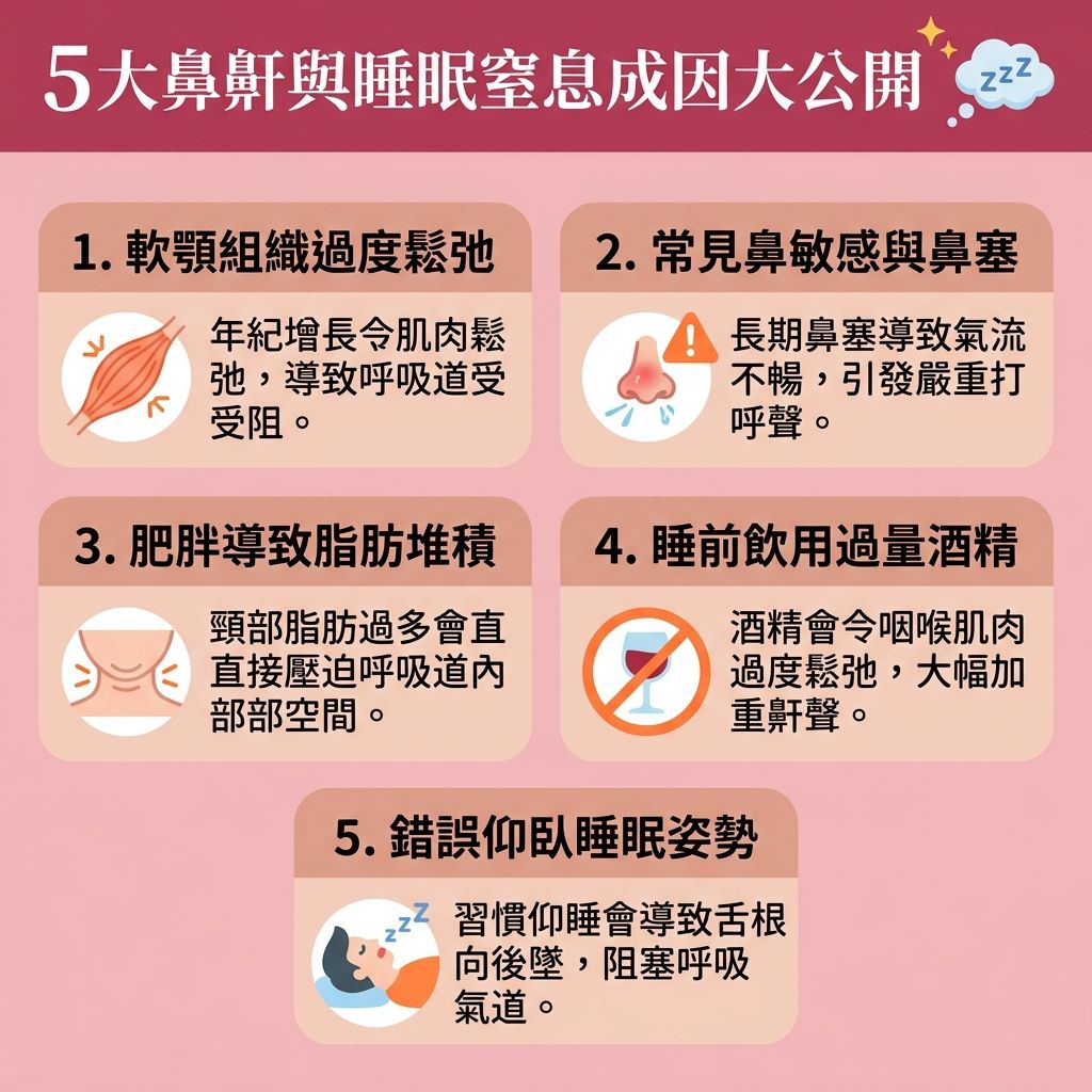 這是一張台灣健康部落格風格的 1:1 正方形扁平化資訊圖表,詳細解說【鼻鼾】與嚴重的【睡眠窒息症】成因,並探討【解決鼻鼾方法】。當【氣流】經過狹窄的【呼吸道】,【軟顎】、【喉嚨】與周圍【肌肉】等【組織】震動便會發出聲響。若不理會,將嚴重影響【睡眠】,因此大眾迫切需要【改善睡眠質素】(【提升睡眠質素】)並【減輕日間疲倦】。針對這些問題,除了側睡等【物理止鼾方法】及【改善用口呼吸】外,若懷疑患病,應前往【診所】尋求【醫生】協助,進行詳細的【睡眠測試診斷】,甚至考慮傳統【手術】。
現今醫學發達,有更多【安全無創技術】可作為【睡眠窒息症治療】的新選擇,例如大受歡迎的【鼻鼾槍】。這項【無創止鼾療程】採用【無痛止鼾技術】,透過特殊【探頭】釋放【激光】【能量】至口腔深層【黏膜】。它能有效【刺激膠原增生】(促進【膠原蛋白】生成),進而【收緊喉嚨肌肉】。此【療程】擁有極佳的【激光止鼾效果】,幫助患者【擴張上呼吸道】、【改善呼吸道阻塞】並【保持呼吸道暢通】,從而【降低停止呼吸頻率】。相比傳統方式,它幾乎沒有嚴重的【副作用】,僅可能出現需要【舒緩喉嚨乾涸】的情況或極輕微的【短暫吞嚥困難】,是現代人告別打呼的理想方案。