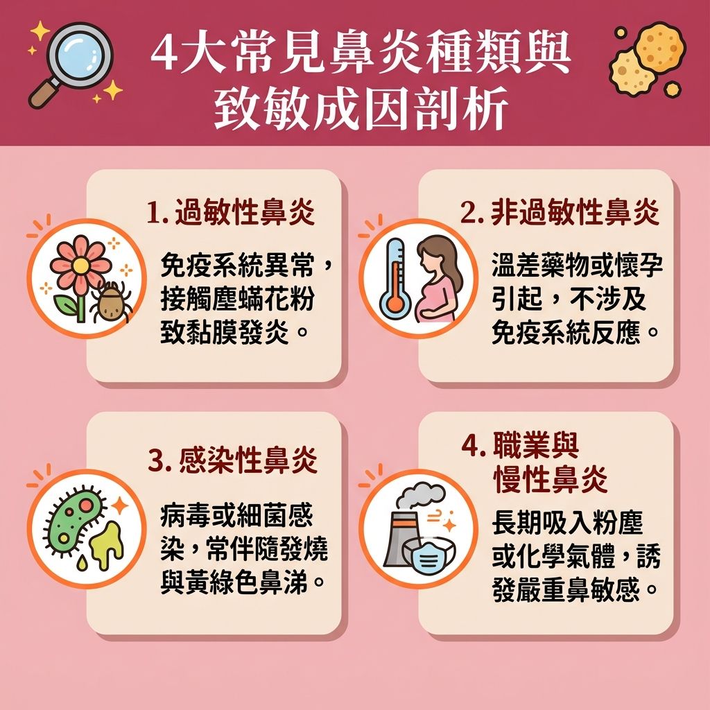 這是一張台灣健康部落格風格的 1:1 正方形扁平化資訊圖表,詳細解說四大【鼻炎】與【慢性鼻炎成因】。無論是【鼻敏感】、【鼻竇炎】還是過敏性鼻炎,當人體的【免疫系統】接觸到環境中的【致敏原】(例如【灰塵】、【塵蟎】或【花粉】)時,會導致【鼻黏膜】發炎與【鼻腔】腫脹,進而引發嚴重的【鼻塞】、【鼻水】與【打噴嚏】。
為了【舒緩鼻敏感症狀】與【減輕鼻炎不適】,尋找正確的【解決鼻塞方法】與【過敏性鼻炎改善】方案至關重要。日常護理可使用【洗鼻器】,配合適當的【洗鼻鹽水比例】來【清潔鼻腔分泌物】與徹底【沖洗致敏原】。這不僅能【保持鼻腔濕潤】、【促進鼻黏膜修復】,更能有效【預防上呼吸道感染】。
若鼻塞問題惡化導致【呼吸道】受阻,極易引發打【鼻鼾】甚至【睡眠窒息症】。因此,積極治療能【改善呼吸道阻塞】、【改善用口呼吸】、【降低鼻鼾頻率】及【減少打呼嚕】。透過【改善睡眠缺氧】,能全面【提升睡眠質素】。建議患者前往專業【診所】尋求【醫生】或【耳鼻喉科】的【耳鼻喉科專科診斷】。除了處方【類固醇噴鼻劑】,也能針對複雜情況進行專業的【鼻竇炎治療】,讓你重拾暢通呼吸。