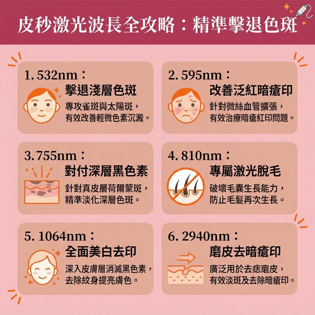 這是一張台灣健康部落格風格的 1:1 正方形扁平化資訊圖表,詳細介紹不同波長的【激光】與【皮秒激光】功效。想要【解決色素沉澱】與【改善膚色不均】,波長並非越長越好。針對位於【角質層】與【表皮層】的【雀斑】、【太陽斑】、【老人斑】等淺層【色斑】,以及位於【真皮層】的【荷爾蒙斑】等深層【黑色素】,需要選擇合適的波長來精準【擊碎深層黑色素】。
透過專業【診所】的【皮秒激光去斑】【療程】,這種【無痛去斑技術】能有效【淡化色斑】與【美白去斑】。它不僅能【去除暗瘡印】(對付【暗瘡印】)、【撫平凹凸洞】(改善【凹凸洞】),還能活化【細胞】以【促進新陳代謝】(加速【新陳代謝】)。同時,光熱效應能【刺激膠原增生】(補充【膠原蛋白】),達到【提升肌膚彈性】、【修復受損肌膚】、【減少臉部細紋】及【收細毛孔】的卓越效果。
在尋找【去斑療程推薦】並了解【激光去斑價錢】時,也需注意潛在的【皮秒激光副作用】。術後務必塗抹溫和的【護膚品】並做好【防曬】,才能有效【阻截黑色素形成】並【降低反黑風險】,維持透亮美肌。