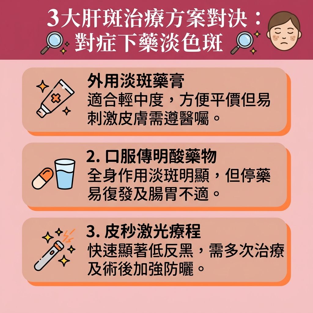 這是一張台灣健康部落格風格的 1:1 正方形扁平化資訊圖表,詳細解說三大【肝斑】(又稱【黃褐斑】或【荷爾蒙斑】)治療方案。探討【肝斑成因】,多與【內分泌失調】(如【孕婦】因懷孕或服用【避孕藥】引起【雌激素】波動)及【紫外線】過度照射有關。這會促使【表皮層】與【真皮層】的【黑色素細胞】異常活躍,產生過多【黑色素】形成【色斑】。
為了【淡化肝斑】與【去除荷爾蒙斑】,圖表比較了三種方法。第一是外用藥膏,常含【熊果素】等成分來【抑制酪氨酸酶】,配合【維他命】來【抵抗自由基】,幫助【改善暗沉肌膚】與【提亮膚色】;第二是口服【傳明酸】,產生全身性淡斑作用;第三則是專業的【皮秒激光】。作為頂級的【去斑療程推薦】,皮秒能精準【擊碎深層黑色素】,帶來顯著的【激光去斑效果】。它不僅能【解決色素沉澱】、【均勻膚色】與【改善膚色不均】,其光熱效應更能【刺激膠原增生】(喚醒肌底【膠原蛋白】),以【修復受損肌膚】。
無論選擇何種療程,為了【預防黑色素沉澱】與【阻截黑色素形成】,日常皆須塗抹【防曬霜】,採取正確的【物理防曬方法】。同時搭配優質【護膚品】來【促進新陳代謝】(加速【新陳代謝】),才能徹底告別斑點。