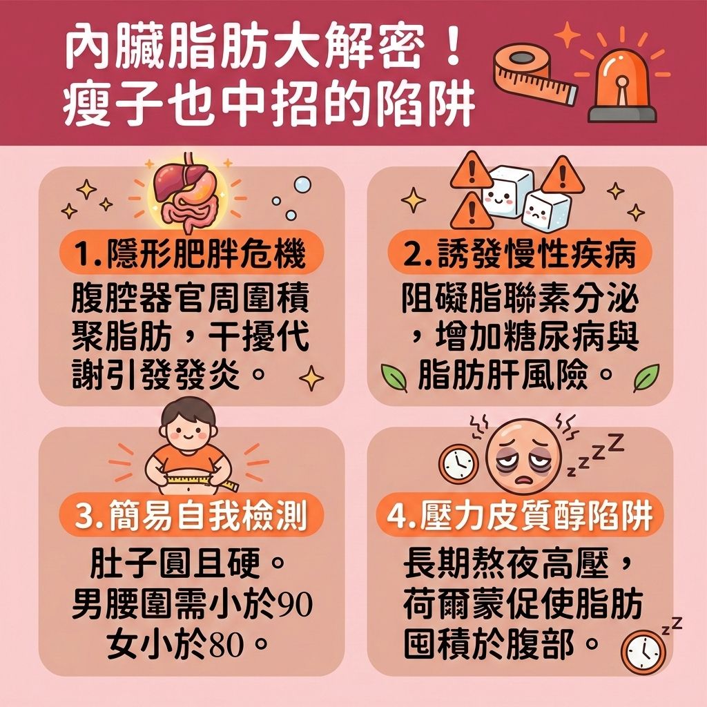 這是一張台灣健康部落格風格的 1:1 正方形教育性醫美資訊圖表,主題為內臟脂肪的成因與標準。圖表指出,即使是小基數減肥的人也可能有隱形肥胖。內臟脂肪與皮下脂肪不同,過多會影響新陳代謝,導致血糖與胰島素失衡,增加患上脂肪肝與心血管疾病的風險。
要消除內臟脂肪及改善中央肥胖,不能只靠控制熱量攝取或計算卡路里。我們需要一套專屬瘦身方案與健康減脂飲食:減少碳水攝取,嚴格控制碳水化合物,並補充優質蛋白質以預防脂肪積聚。搭配高強度間歇訓練、帶氧運動與無氧運動等高強度燃脂運動,能有效提升基礎代謝與基礎代謝率,延長後燃效應與產生後燃效應,從而促進脂肪分解,燃燒深層脂肪,降低體脂比例與體脂率。
對於想尋求減大肚腩方法以塑造平坦小腹的人,如果遇到瓶頸想突破減肥停滯期,可以考慮醫學美容的協助。香港完美醫療提供無痛減脂技術與無創溶脂等局部減脂療程,精準的醫美定位修形能幫助你針對難減的肚腩,輕鬆重拾健康完美體態!