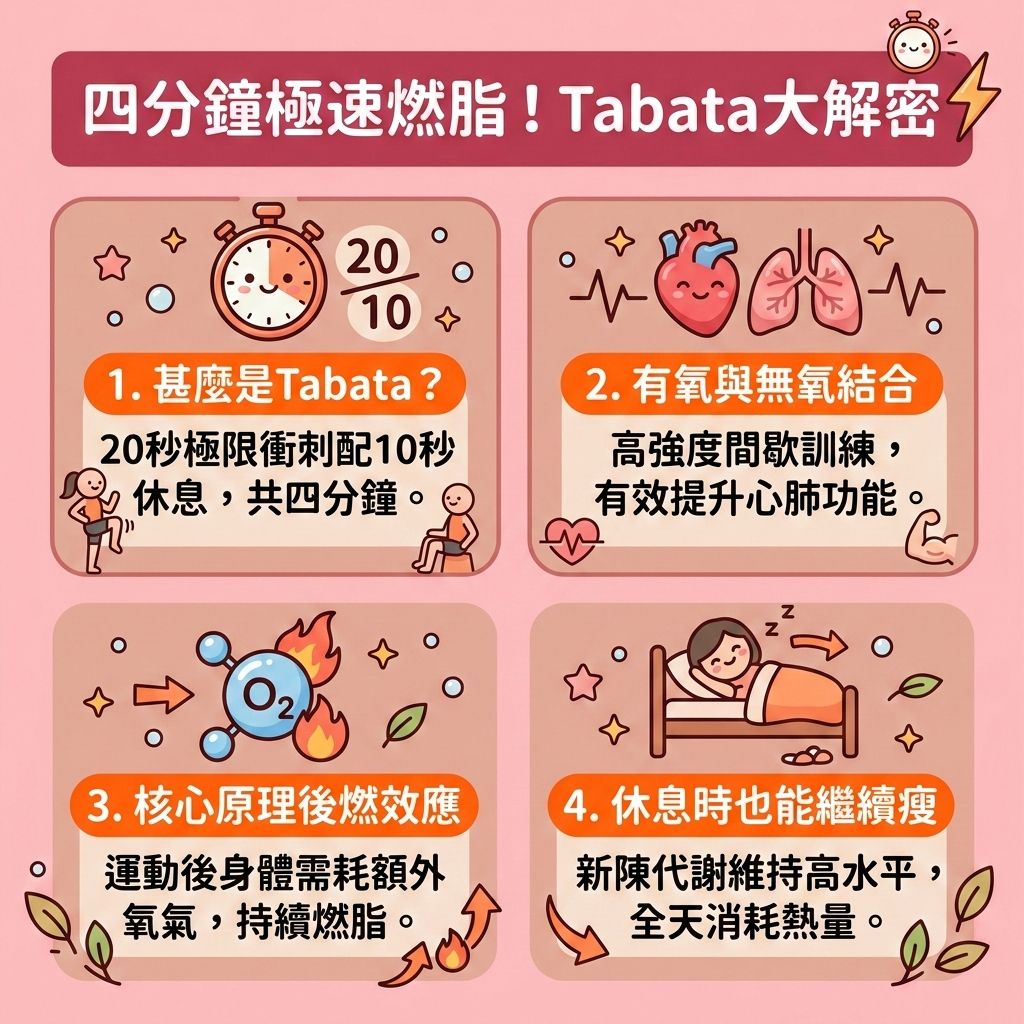 這是一張台灣健康部落格風格的 1:1 正方形教育性醫美資訊圖表,深入介紹塔巴塔(Tabata)這項短時間高效率運動。作為一種高強度間歇訓練,它完美結合了帶氧運動與無氧運動,是非常理想的居家徒手健身選擇。圖表顯示,透過四分鐘極速燃脂的訓練,能迅速提升心跳率與血液循環,有效鍛鍊核心肌群以增加肌肉量,同時改善心肺功能。
訓練的核心在於強大的後燃效應。大量氧氣耗損能加速乳酸代謝(排出乳酸)與促進肌肉修復,保護肌肉不流失。這能顯著提升基礎代謝與整體的基礎代謝率,讓你運動後持續消耗熱量,達到延長燃脂時間的驚人效果。即使在休息時,身體仍能維持高新陳代謝,持續燃燒卡路里,快速燃燒深層脂肪,縮小脂肪細胞,從而降低體脂比例與整體體脂率。
對於想消除頑固脂肪、尤其是難減的大肚腩,或是遇到瓶頸想突破減肥停滯期的人,這能幫助你預防脂肪積聚並塑造緊緻線條。如果搭配專業醫學美容的幫助,例如香港完美醫療提供的專屬瘦身方案與局部減脂療程,利用無創減脂技術與先進的溶脂儀器進行精準的醫美定位修形,絕對能事半功倍,重拾健康與自信!