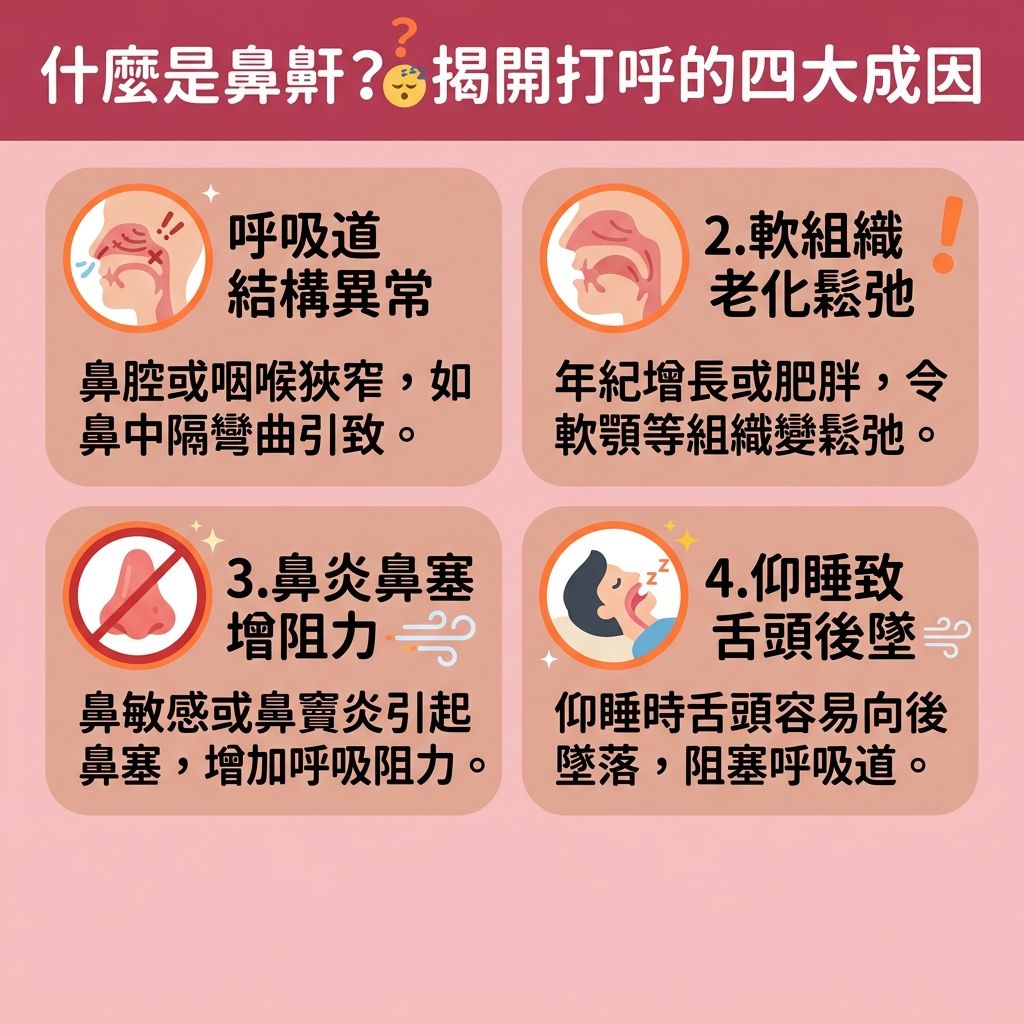 這是一張台灣健康部落格風格的 1:1 正方形扁平化資訊圖表,詳細剖析香港人常見的【鼻鼾】成因,並提供實用的【解決鼻鼾方法】以幫助大眾【改善睡眠質素】(提升整體【睡眠質素】)。圖中指出,不良習慣、都市病、先天結構與肥胖(頸部【脂肪】堆積)都會影響【呼吸道】。當【鼻腔】、【喉嚨】與【軟顎】的【肌肉】鬆弛或受壓,極易引發嚴重的【阻塞性睡眠窒息症】。這會導致頻繁的【睡眠呼吸中止】與【睡眠缺氧症狀】。
為了【保持呼吸道暢通】與【改善呼吸道阻塞】,患者需及時【預防心血管疾病】與【減輕日間疲倦】以【降低停止呼吸頻率】。日常生活中,可透過【控制體重減鼻鼾】、【側睡】、使用【止鼾枕】或【鼻鼾貼】來【改善用口呼吸】及【改善鼻塞問題】。針對鼻敏感,可使用【生理鹽水】進行【洗鼻舒緩鼻敏感】,並【舒緩喉嚨乾涸】;亦可利用【牙膠】來【防止舌頭後墜】。
若情況嚴重,強烈建議前往專業【診所】尋求【醫生】協助,進行【睡眠測試】與詳細的【睡眠測試診斷】。除了配戴【呼吸機】外,現在也有【安全無痛治療】的選項,如先進的【無創止鼾療程】。透過【激光】技術進行的專屬【療程】,能有效【收緊喉嚨肌肉】,讓你徹底遠離【睡眠窒息症】的困擾。