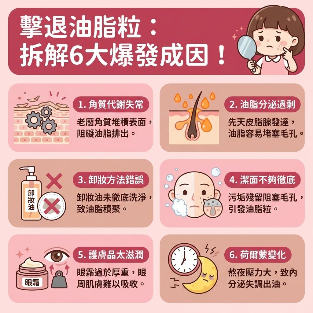 這是一張正方形的扁平化醫美資訊圖表,詳細解析油脂粒(又稱粟粒腫)的成因與改善方法。圖表展示了皮膚結構,包括角質層、真皮層、皮脂腺與汗腺。當皮脂腺分泌過多油脂,加上含有角蛋白的死皮堆積,若未能促進新陳代謝及減少油脂堆積,便會導致毛孔堵塞,形成與粉刺、暗瘡、黑頭相似的問題。
圖表指出六大成因:一是角質代謝失常;二是先天出油多,破壞了水油平衡;三是卸妝不徹底,錯誤使用卸妝油;四是日常缺乏深層清潔,或是反而過度清潔;五是護膚品過於滋潤,特別是厚重眼霜塗抹於脆弱的眼周肌膚;六是荷爾蒙失調。
為去除油脂粒及防止毛孔堵塞,圖表建議日常應溫和去角質,可使用含果酸或水楊酸的產品來溶解角質與軟化角質細胞,或者適度使用磨砂膏,有助疏通毛孔及抑制油脂分泌,並改善粗糙膚質。切記避免擠壓,以免發炎。若情況嚴重,除了傳統的針清挑除或激光去除,圖表推薦尋求完美醫療的專業協助,如暗瘡分手療程,安全有效且能預防復發。