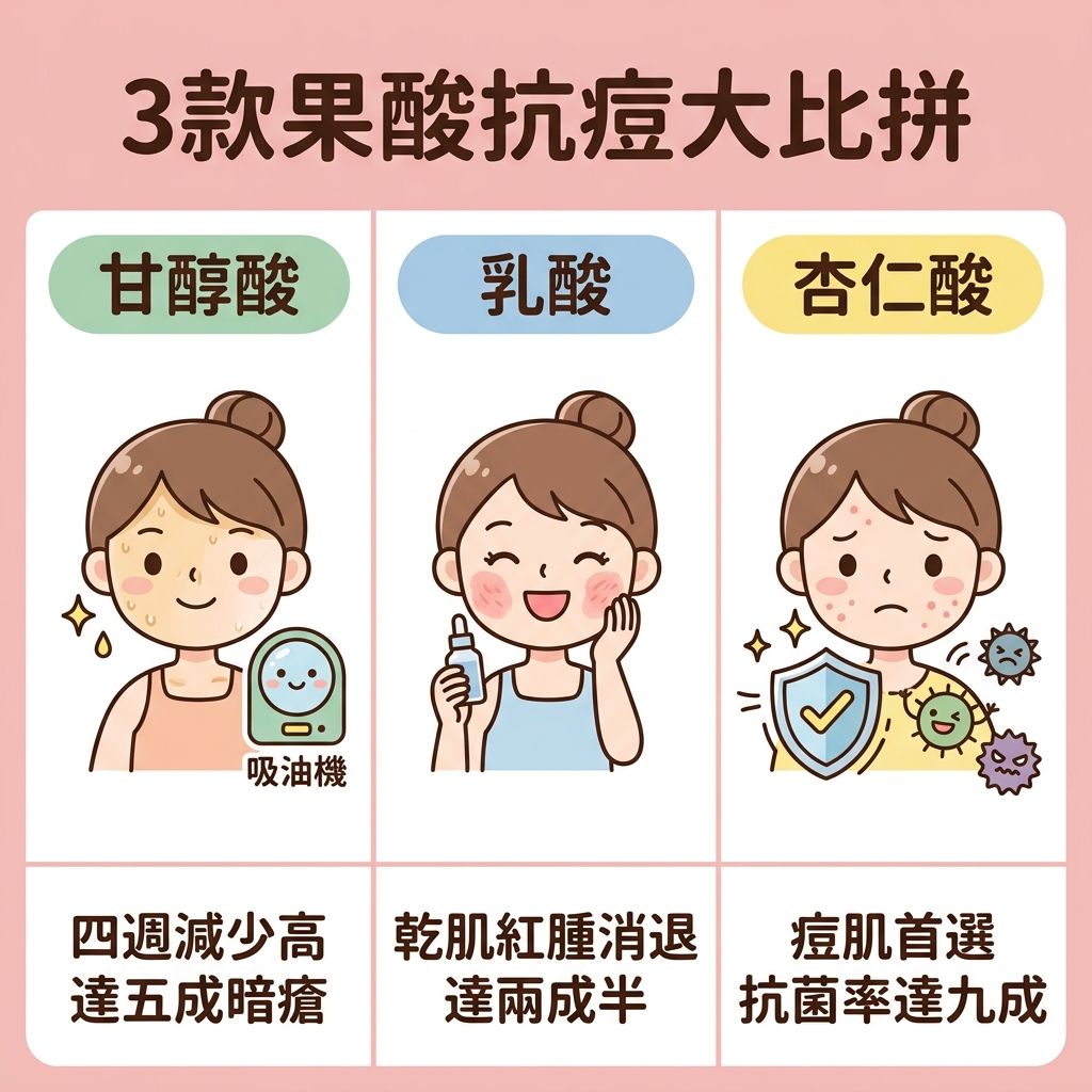這是一張 1:1 正方形的扁平化向量資訊圖表插畫,排版採用彈性網格佈局劃分為 3 個整齊的方格,區塊之間配有清晰的淺色直線作為分隔線。背景使用純色且柔和的粉色系(如 #F4C2C2)。整體設計帶有日系/台系的可愛卡通感與現代醫療健康風格,專為推廣醫學美容療程知識而設。頂部標題使用方圓體寫著「3款果酸抗痘大比拼」。
圖表詳細分析三款果酸:第一格的膠囊小標題是「甘醇酸」,中央手繪可愛人物展示油性肌膚使用後能溶解油脂污垢、控制油脂分泌,底部文字為「四週減少高達五成暗瘡」。這說明它能深層清潔毛孔、疏通閉塞毛囊,解決毛孔與皮脂腺堵塞問題,有效去除老廢角質、促進細胞更新,並預防毛孔粗大,甚至能刺激膠原增生(補充膠原蛋白)以增加皮膚彈性和減淡細紋皺紋。
第二格的膠囊小標題是「乳酸」,手繪插圖展示乾性肌膚人物塗抹後鎮靜舒緩紅腫,底部文字為「乾肌紅腫消退達兩成半」。這指出它能提亮暗沉膚色、淡化暗瘡印及預防色素沉澱(對抗黑色素),同時能改善粗糙膚質、撫平凹凸洞,其保濕效果如同使用了蘆薈或透明質酸般水潤。
第三格的膠囊小標題是「杏仁酸」,手繪插畫展示人物自帶防護罩擊退細菌,底部文字為「痘肌首選抗菌率達九成」。這說明它比起水楊酸更適合敏感肌,甚至有助於舒緩酒糟鼻及玫瑰痤瘡,是溫和煥膚療程的首選,能針對角質層有效改善暗瘡粉刺、對付黑頭、白頭與粉刺及暗瘡,並修復受損屏障。最後提醒進行任何煥膚療程後都必須注重防曬。全圖文字保持 1px 字距,筆劃清晰,佈局整潔,絕無多餘標籤或句號。