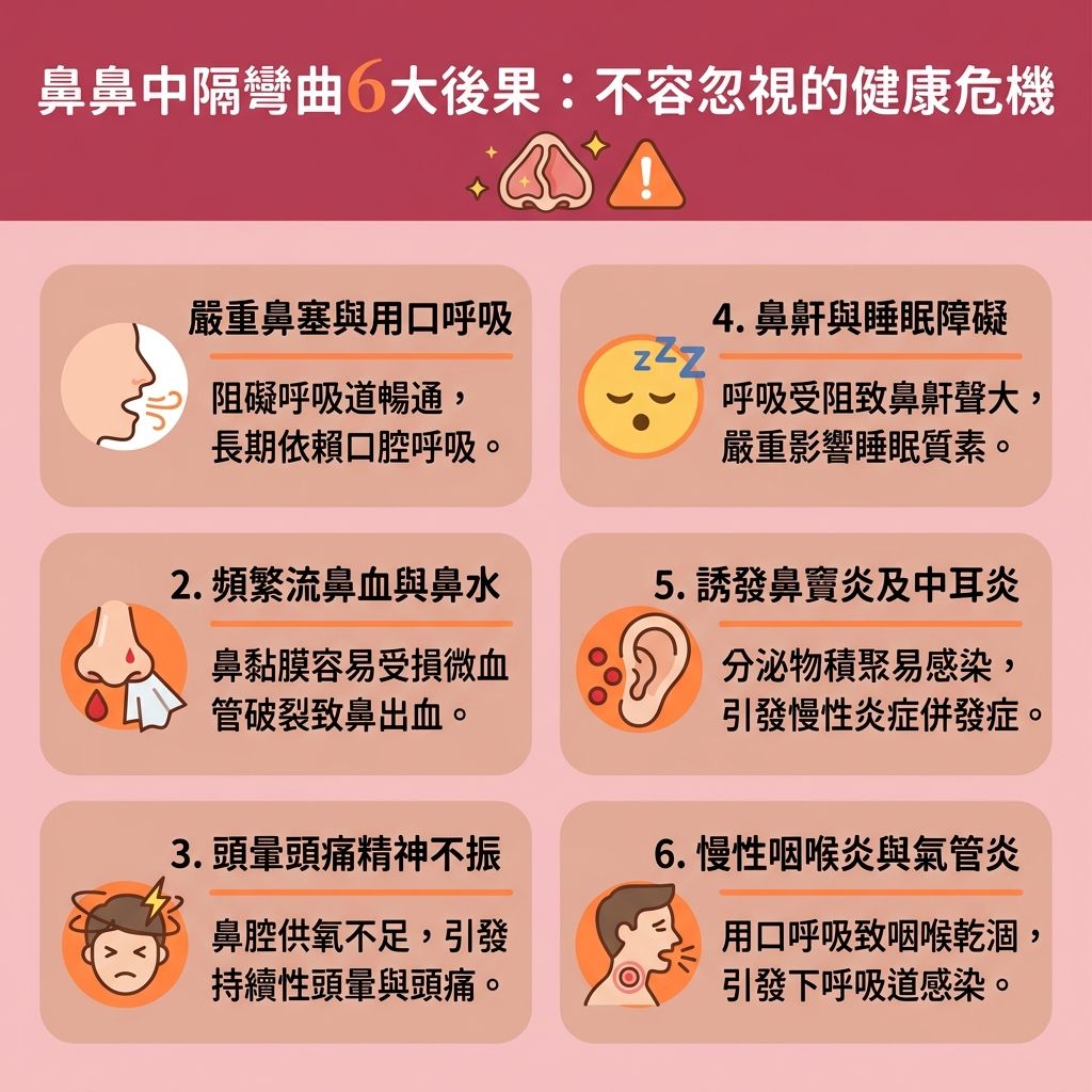 這是一張台灣健康部落格風格的 1:1 正方形扁平化資訊圖表,詳細解說【鼻中隔彎曲症狀】與潛在危機。當鼻部的【骨骼】與【軟骨】【組織】發育異常,這便是常見的【鼻中隔彎曲成因】(或稱【鼻中隔偏曲】)。【鼻中隔】彎曲會導致嚴重的【單側鼻塞】或雙側【鼻塞】,使【鼻腔分泌物增多】,引發【鼻黏膜腫脹】與脆弱的【鼻黏膜】受損,進而造成【鼻出血】與【鼻水】倒流。
這種情況不僅加劇【鼻敏感】與【鼻炎】,更容易誘發【鼻竇炎】。為尋求有效的【慢性鼻竇炎治療】與【舒緩鼻敏感】,必須重視【改善呼吸道阻塞】。當【鼻腔】及整個【呼吸道】受阻,患者常被迫用口呼吸,因此急需【改善用口呼吸】與【舒緩呼吸困難】。夜間睡眠時,氣流不暢會引發嚴重【鼻鼾】甚至【睡眠呼吸中止】(即【睡眠窒息症】),嚴重影響健康。
為了【減少打鼻鼾】並【改善睡眠質素】,尋求正確的【解決鼻塞方法】至關重要。建議前往專業【診所】尋求【醫生】或【耳鼻喉科】的【耳鼻喉科專科診斷】。除了藥物,醫生可能會建議進行【手術】,如利用【內視鏡】輔助的【鼻中隔彎曲手術】或【鼻中隔成形術】。現在的【微創切除手術】(【微創】技術)能精準處理彎曲部位,【術後恢復期】短,能安全有效地解決問題,讓你徹底擺脫呼吸困擾。