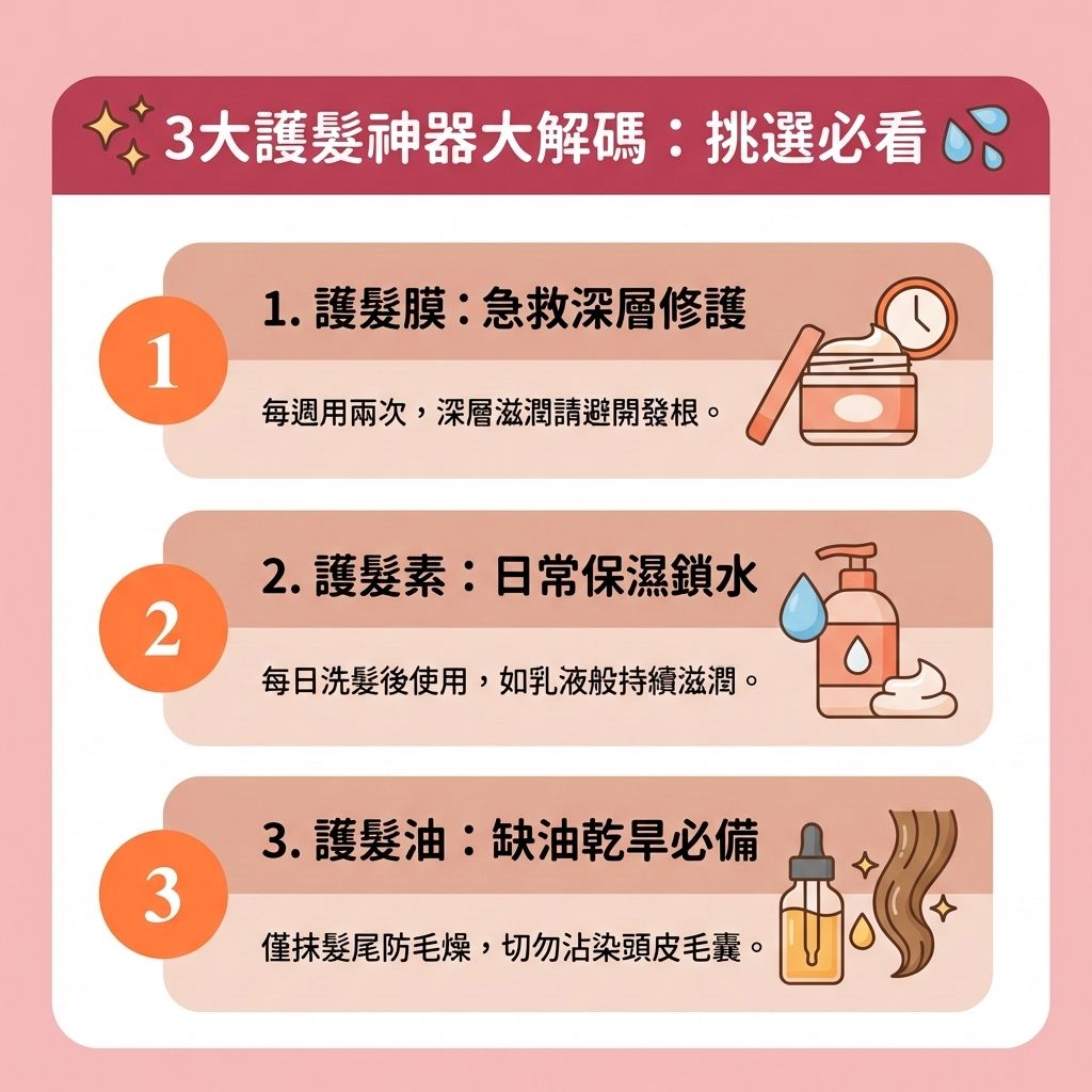 這是一張 1:1 正方形的可愛扁平化向量資訊圖表,採用台灣健康部落格風格,教導大家正確的【日常頭皮護理】與護髮知識。圖表詳細比較了【髮膜】、【護髮素】與【髮尾油】的功效。
正確的護理能【改善頭髮乾燥】並【補充頭髮營養】(如【角蛋白】、【蛋白質】與【胺基酸】),從而【修復受損髮絲】與【減少頭髮折斷】。 洗髮時應搭配合適的【洗頭水】或【防脫髮洗頭水】,做到【溫和清潔頭皮】與【深層清潔頭皮】,以洗去多餘的【頭皮屑】並維持正常的【頭皮油脂分泌】。這有助於保護【角質層】與【皮脂腺】,【解決毛孔堵塞】並【改善頭皮環境】。
圖中特別提醒,護髮產品若誤觸【頭皮】,會堵塞【毛囊】,引發發炎甚至加劇【脫髮】。若因【荷爾蒙】失調或體內【雙氫睪酮】過高引發【雄性禿】,這類基礎保養便不足夠。此時需要【舒緩頭皮敏感】,透過按摩促進【血液循環】,並採取積極的【預防脫髮方法】,如搭配使用【生髮水】來【強健脆弱髮根】、【減少掉髮數量】、【延長生長週期】及【促進頭髮生長】。若想進一步【激活休眠毛囊】與【改善頭髮稀疏】,圖表底部建議可尋求【生髮療程】、【專業生髮療程】甚至【植髮】,全方位守護健康秀髮。