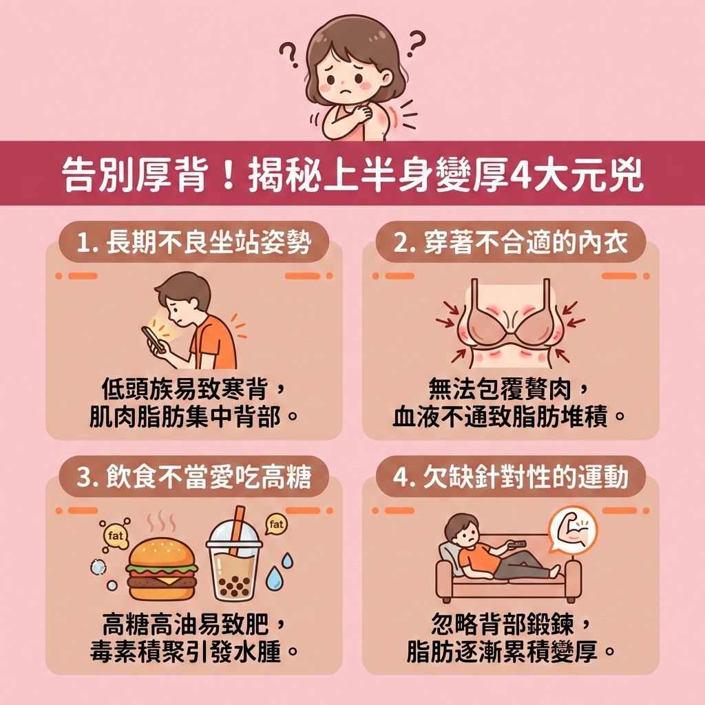 這是一張台灣健康部落格風格的正方形醫美資訊圖表,教你如何告別虎背熊腰。圖中女孩正為了厚實的背部脂肪與難看的富貴包感到苦惱。因為長期當低頭族導致圓肩與駝背,這不僅引發體態問題,更需要及早改善不良姿勢與矯正圓肩駝背來改善肩頸酸痛。
若平時缺乏帶氧運動與伸展運動來鍛鍊背部肌肉(特別是背闊肌與核心肌群周邊的肩胛骨),容易造成脂肪細胞堆積。專業營養師建議透過運動增加肌肉量,並改善飲食以減少脂肪積聚、提升基礎代謝與新陳代謝(提高基礎代謝率),同時消耗多餘熱量。
穿錯內衣會阻礙血液循環與淋巴系統運作,必須促進血液循環並疏通淋巴排毒。為了有效減背部脂肪與消除背部贅肉,進而消除富貴包與改善虎背熊腰,建議尋求專業醫學美容的協助。圖表下方推薦香港完美醫療的局部減脂療程與醫美定位修形方案,不論是溶脂針、抽脂手術或是無痛溶脂減肥,都能為您量身打造專屬瘦身方案,有效塑造背部線條與緊緻背部皮膚,重拾迷人美背!