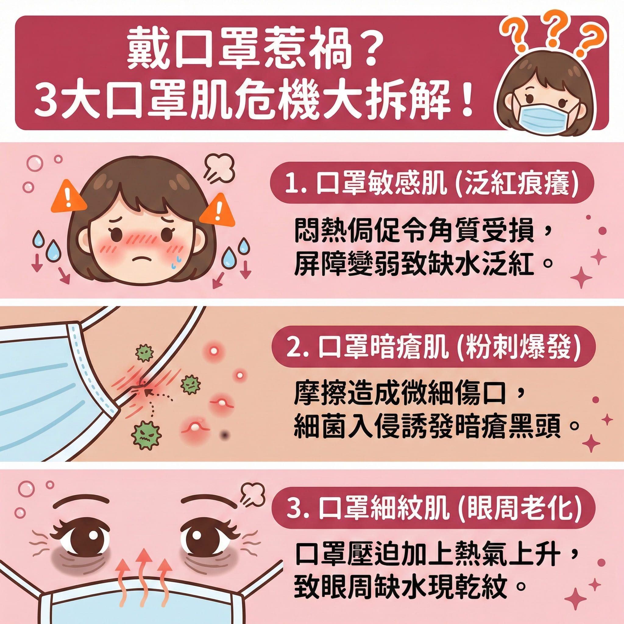 這是一張正方形扁平化醫美資訊圖表,主題為解析戴口罩引發的三大口罩肌問題。圖表上方顯示長時間佩戴會讓汗水與油脂積聚,影響皮脂腺與角質層。
第一種是敏感肌,悶熱環境破壞了皮膚屏障,容易引發濕疹與玫瑰痤瘡,需要及時修復屏障、舒緩敏感及改善泛紅,日常應做好鎖水保濕並定期更換口罩以保持乾爽。第二種是暗瘡肌,因摩擦產生微小傷口,令細菌入侵,導致毛孔堵塞,長出粉刺與黑頭。建議透過深層清潔與溫和潔面來疏通毛孔、軟化角質及抑制油脂分泌。護理上需消炎殺菌與預防發炎,並盡量減輕摩擦。第三種是眼周細紋,呼出的熱氣加速水分流失。為減輕肌膚負擔,應簡化護膚程序,塗抹護膚品與防曬時要避免厚重底妝,以達致水油平衡。
若想徹底解決肌膚困擾,圖表強烈推薦完美醫療的專業暗瘡分手療程,療程不僅能針對性解決問題,更能刺激膠原增生,長效預防復發,重拾健康膚質。