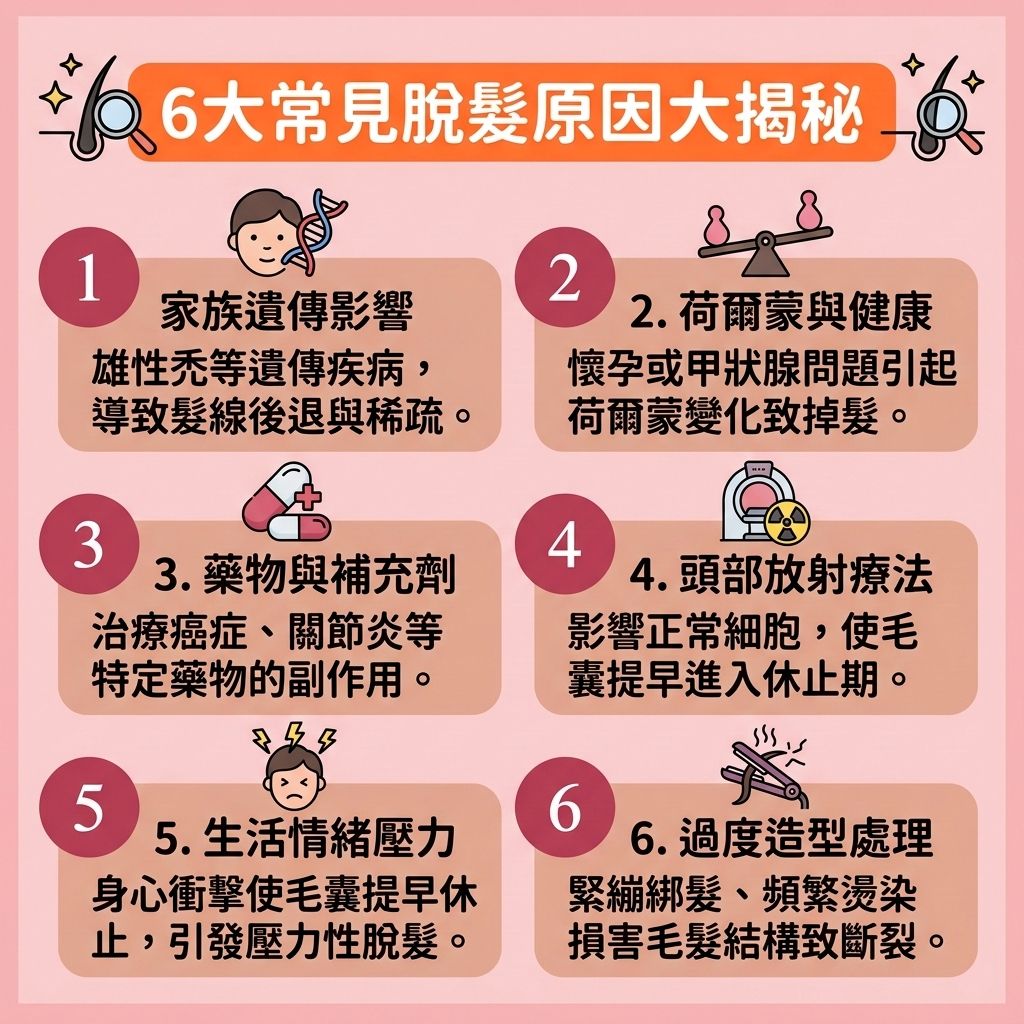 這是一張 1:1 正方形的可愛扁平化向量資訊圖表,呈現台灣健康部落格的醫美風格,詳細解說【脫髮】的六大原因。圖表指出,當【荷爾蒙】改變(如探討【產後脫髮成因】)或體內【睪酮】異常轉化為【雙氫睪酮】時,會強烈攻擊【頭皮】的【毛囊】,導致【生長期】縮短並提早進入【休止期】,進而引發【雄性禿】與【斑禿】。若【皮脂腺】異常堵塞發炎,更易誘發【頭瘡】危機。
為了落實【預防脫髮方法】並【改善頭皮環境】,圖中建議日常需做好【頭皮深層清潔】,謹慎【選擇防脫髮產品】與優質的【防脫髮洗髮露】。透過適當的頭皮按摩來【促進頭皮血液循環】(維持良好的【血液循環】),能有效【延緩毛囊萎縮】。飲食上應多攝取【蛋白質】、【鐵質】、【鋅質】與【維他命】,以合成【角蛋白】並【補充頭髮營養】,幫助【強健脆弱髮根】。
若要【解決前額脫髮】並【改善髮線後移】,除了使用含藥性【生髮水】來【抑制男性荷爾蒙】外,亦可尋求【專業生髮療程】的幫助。這些專業對策能【激活休眠毛囊】、【刺激毛囊再生】並【延長生長週期】,達到【減少掉髮數量】、【改善頭髮稀疏】與【增加頭髮密度】的終極目標。若毛囊已嚴重受損,