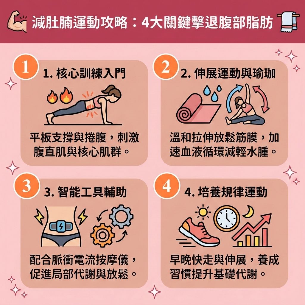 這是一張採用台灣健康部落格風格的 1:1 正方形扁平化向量資訊圖表,排版分為四個帶有可愛圖示的圓角矩形區塊,背景為淺粉紅,介紹「減肚腩運動攻略」。
圖表詳細說明四大運動步驟來幫助您「快速瘦小腹」並「消除腹部贅肉」。首先,透過平板支撐等鍛鍊「核心肌群」與「腹直肌」,有助縮小「脂肪細胞」,減少「皮下脂肪」與「內臟脂肪」,「改善中央肥胖」甚至預防「脂肪肝」。其次,搭配瑜珈可減輕「水腫」,並「促進腸胃蠕動」,幫助「排毒清腸宿便」。
配合智能工具與規律運動,能有效「提升基礎代謝」與「基礎代謝率」,加速「新陳代謝」,不僅能「延長燃脂時間」與「燃燒深層脂肪」,更是極佳的「減大肚腩方法」,助你「突破減肥停滯期」。
在運動之外,應配合「熱量赤字」,「控制熱量攝取」與「調節飲食結構」。採用「減脂增肌飲食」,多攝取「蛋白質」與「膳食纖維」,減少精緻「碳水化合物」,有助於穩定「血糖」與「胰島素」,調節「荷爾蒙」,甚至可搭配「輕斷食」來「改善睡眠質素」。
這些習慣能從根本「降低體脂比例」與「體脂率」,「預防脂肪積聚」,「打造易瘦體質」與「塑造緊緻線條」。若希望達到極致效果,亦可考慮「醫學美容」的「局部減脂療程」或「無創減脂技術」(如「溶脂」),透過專業醫美定位修形,安全重塑完美體態!