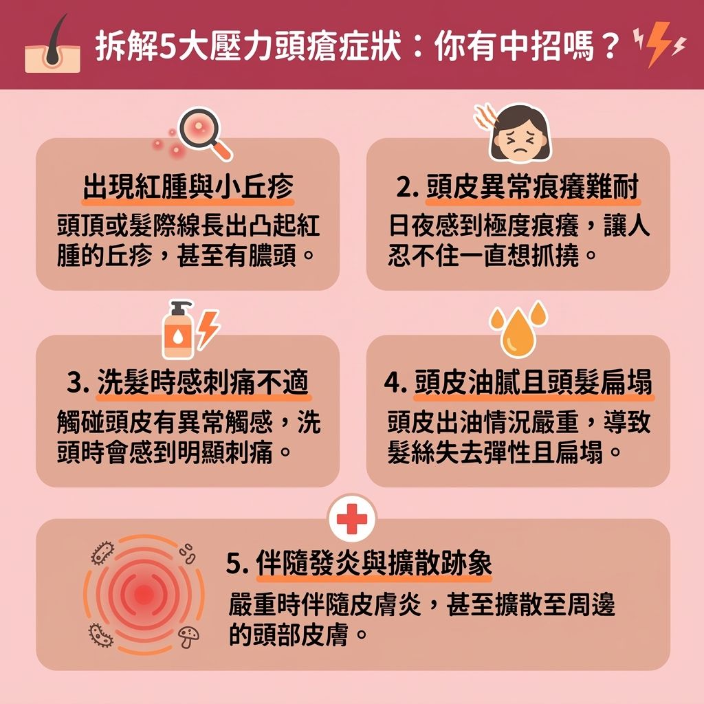 這是一張台灣健康部落格風格的 1:1 正方形扁平化資訊圖表,詳細描述了頭瘡的常見症狀與頭瘡解決方法。現代人常因壓力與睡眠不足導致熬夜生頭瘡或壓力大生頭瘡,這會影響內分泌與荷爾蒙,引發荷爾蒙失調頭瘡。同時,免疫力下降(免疫系統變弱)會減慢新陳代謝,令皮脂腺過度分泌,結合汗水與老廢角質,容易滋生細菌與真菌。這不僅會造成頭皮的毛囊阻塞與發生炎症,引發需要毛囊炎治療的危機,甚至會加劇脫髮風險。
為改善頭皮發炎與尋求頭皮痕癢解決之道,圖表建議從緩解生活壓力與改善睡眠質素做起。日常護理方面,應注重頭皮深層護理並採取正確的清潔毛囊方法,例如挑選合適的洗頭水(參考抗菌洗髮水推薦、去頭皮屑洗頭水及防脫髮洗頭水),以有效減少頭皮出油並舒緩頭皮敏感及舒緩頭皮紅腫。若情況嚴重,應尋求專業皮膚科醫生協助,考慮使用外用頭皮暗瘡膏或口服抗生素,亦可嘗試中醫調理頭瘡。配合清淡飲食,能徹底保護頭皮健康,進而成功預防頭瘡復發。