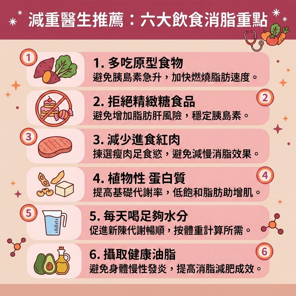 這是一張 1:1 正方形的扁平化向量資訊圖表插畫,嚴格採用台灣健康部落格懶人包風格。圖表以可愛、具教育性與醫美感的方式解析「減重醫生推薦:六大飲食消脂重點」,底部保持純淨留白並應用背景色。
內容探討如何透過健康減重餐單與減脂增肌飲食,有效控制熱量攝取,減少多餘的卡路里與碳水化合物。進食富含蛋白質與膳食纖維的原型食物,搭配新鮮蔬果汁,能幫助促進腸胃蠕動與排毒清腸宿便。這不僅能穩定血糖與胰島素分泌,更能促進脂肪分解,有效減少腹部的皮下脂肪、內臟脂肪以及頑固的脂肪細胞,是極佳的減大肚腩方法與消除腹部贅肉策略。
正確飲食能幫助提升基礎代謝與整體的基礎代謝率,加速新陳代謝,延長燃脂時間並燃燒深層脂肪,完美預防脂肪積聚。結合有效消脂運動(如有氧運動、跑跑步機),能有效增加肌肉量,助您突破減肥停滯期,進一步降低體脂比例與體脂率,控制體重,輕鬆打造易瘦體質。
若追求更完美的體態,結合醫學美容的無創減脂技術與局部減脂療程,透過專業的溶脂科技進行醫美定位修形,能更高效地為您塑造緊緻線條。