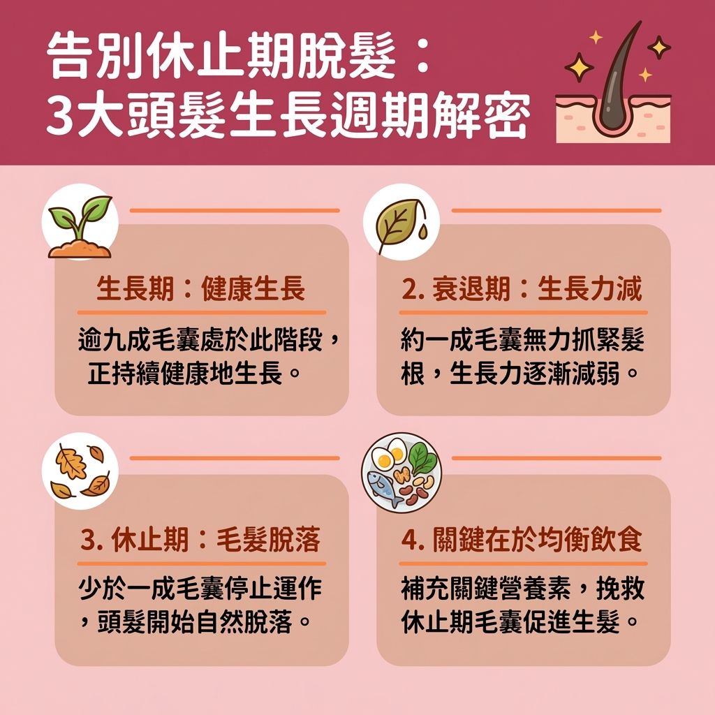 這是一張台灣健康部落格風格的 1:1 正方形資訊圖表,詳細圖解了頭髮生長週期,並解答「吃什麼生髮最快」的疑問。圖表指出要對抗脫髮,必須建立良好的頭皮健康飲食習慣以保護頭皮與毛囊。當面對解決掉髮缺乏營養的問題時,這份防脫髮食療大全與增加髮量食物推薦能提供極大幫助。
圖中列出了多種改善頭髮稀疏飲食與促進頭髮生長營養。例如,補充蛋白質防掉髮非常關鍵,建議進食雞蛋與瘦肉;而三文魚富含的脂肪酸及膠原蛋白則展現了極佳的膠原蛋白生髮作用。為了達致食物補充角蛋白與攝取足夠的角蛋白,我們需要豐富的營養素。此外,圖表亦強調了鐵質吸收防脫髮,建議多吃菠菜來補充鐵質與維他命;同時要注意堅果生髮食用份量,適量吃堅果攝取鋅,並透過補充生物素生髮的原理來攝取生物素與蛋白質。
針對中醫調理,圖表涵蓋了補血養髮中醫食療與產後生髮飲食調理,例如介紹黑芝麻生髮功效及預防白髮變黑食物(如黑芝麻與黑豆),以促進血液循環。這些強化髮根食物名單與增加頭髮厚度食譜,是絕佳的改善毛囊萎縮食物,能全方位幫助您重拾豐盈秀髮!