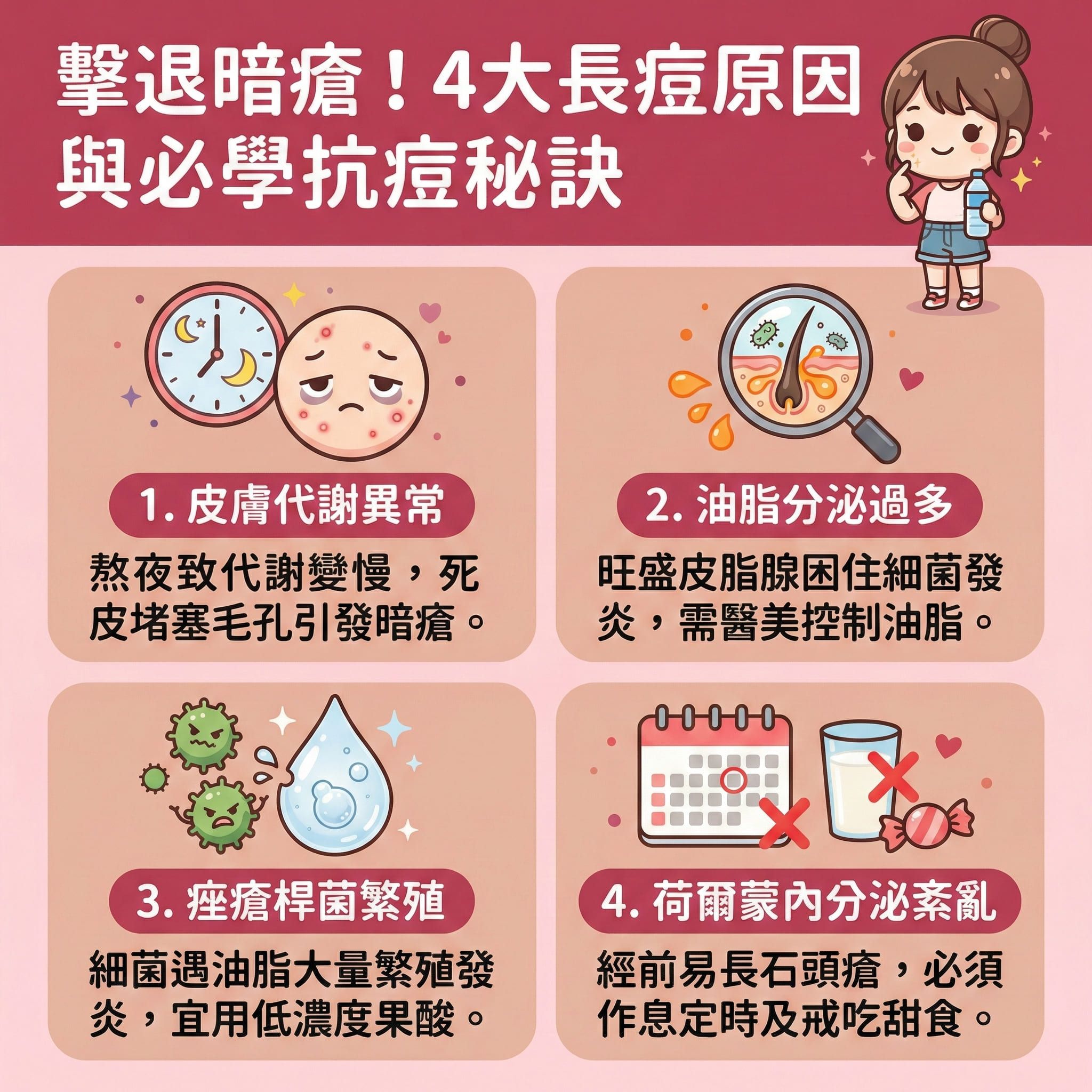 這是一張正方形扁平化的醫學美容資訊圖表,教導大家如何緊緻肌膚與收細毛孔。圖表詳細分析毛孔粗大的成因:當受荷爾蒙影響,皮脂腺過度活躍,若未能徹底卸妝及深層清潔,積聚的油脂會撐大毛孔;同時,紫外線會加速皮膚老化,破壞膠原蛋白與彈性纖維。若不當擠壓黑頭、粉刺及暗瘡,極易留下凹凸洞。
日常保養建議做好防曬保護與保濕鎖水(如補充透明質酸),達致水油平衡與修復皮膚屏障。可使用含水楊酸或果酸的產品來溫和去角質及溶解黑頭,從而疏通毛孔並預防堵塞,維持角質層健康,以減少皮脂分泌及控制油脂分泌。
若問題嚴重,建議尋求皮膚科醫生協助。圖表推薦結合專業激光治療來促進新陳代謝、刺激膠原增生、提升彈性、延緩衰老及改善粗糙膚質。最後強烈推薦體驗完美醫療的專業暗瘡分手療程,為您重塑平滑亮澤美肌!