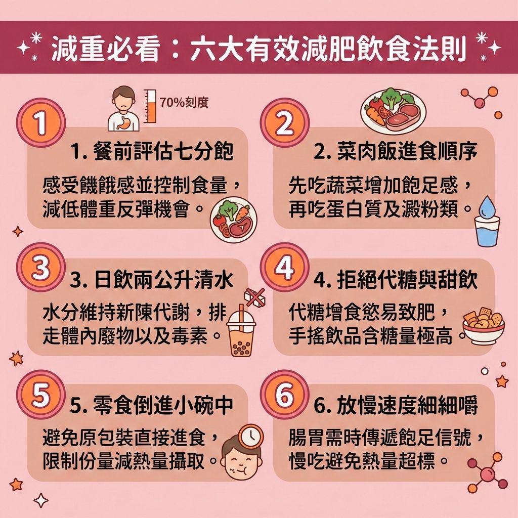 這是一張 1:1 正方形的扁平化向量資訊圖表插畫,嚴格採用台灣健康部落格懶人包風格。圖表以可愛、具教育性與醫美感的方式解析「減重必看:六大有效減肥飲食法則」,底部保持純淨留白並應用背景色。
圖表詳細分析了多種有效減肥方法與健康減重餐單的秘訣。透過調節飲食結構與控制熱量攝取,能有效減少卡路里、內臟脂肪與皮下脂肪。進食富含膳食纖維的蔬菜與天然蔬果汁能促進腸胃蠕動與排毒清腸宿便,並延長飽足時間。搭配優質蛋白質與低碳水化合物的減脂增肌飲食,有助於穩定血糖與胰島素,完美預防脂肪積聚。
這不僅是絕佳的減大肚腩方法與消除腹部贅肉策略,配合生酮飲食或輕斷食更能燃燒深層脂肪。若結合有氧運動(如使用跑步機)、阻力訓練與高強度間歇訓練,可增加肌肉量,全面提升基礎代謝與整體的基礎代謝率,進一步降低體脂比例與體脂率,幫助你突破減肥停滯期,打造易瘦體質。
想要更高效地塑造緊緻線條?專業的醫學美容是最佳選擇!透過無創減脂技術、局部減脂療程與專業溶脂科技,能為您進行精準的醫美定位修形,輕鬆擁有完美體態。