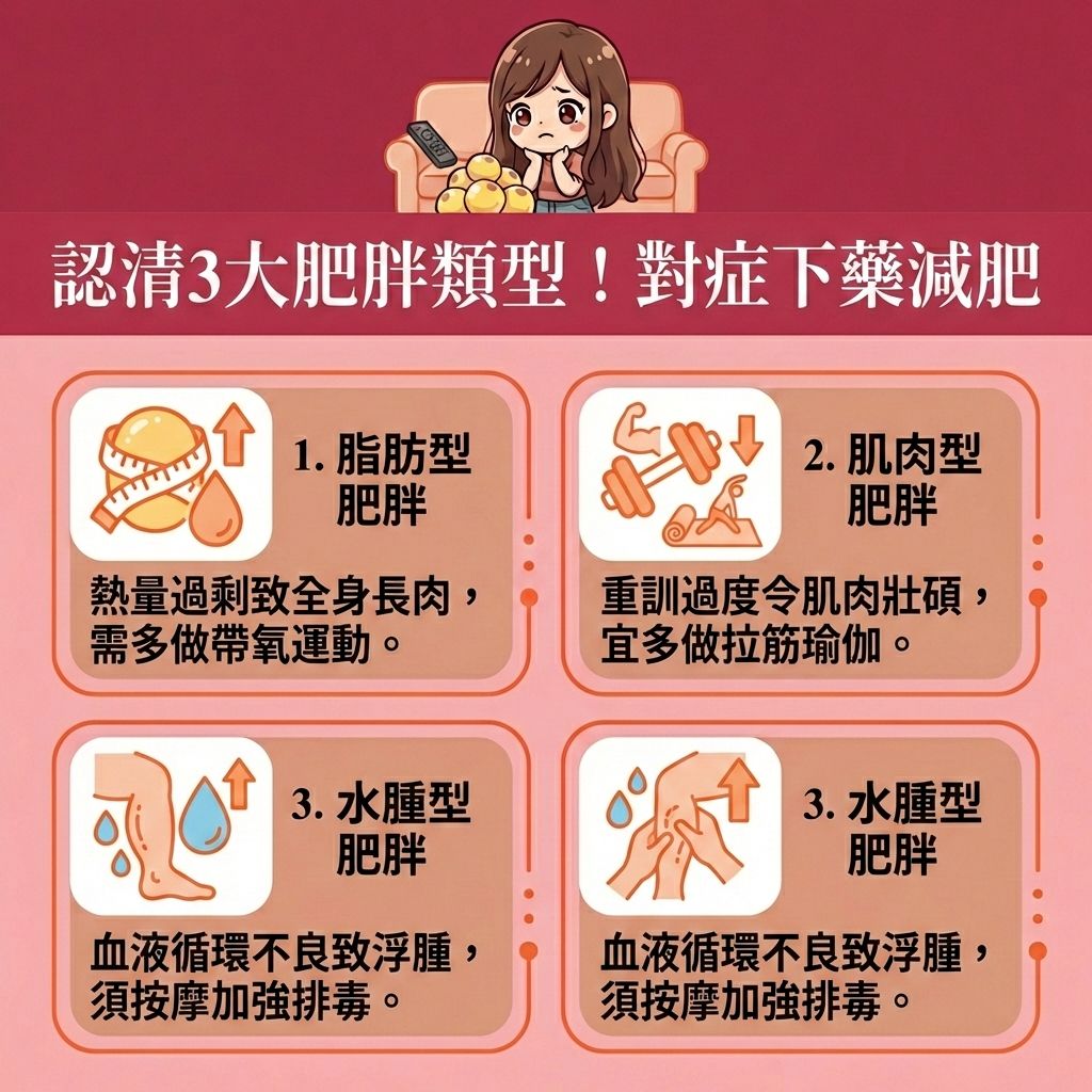 這是一張台灣健康部落格風格的 1:1 正方形醫美資訊圖表。圖中的長髮女生站在男生的場景中(表情維持不變),正在了解不同的肥胖類型與減肥療程。針對脂肪型肥胖,多餘的卡路里會轉化為皮下脂肪與內臟脂肪,形成大肚腩。為了減去大肚腩與改善假肚腩,我們需要控制熱量攝取,攝取足量蛋白質,並配合帶氧運動(如規律的帶氧運動),這有助於燃燒體內脂肪、降低體脂率、提升基礎代謝與整體新陳代謝,從而減少脂肪積聚並落實健康體重管理。
針對肌肉型肥胖,需透過伸展來預防肌肉流失並讓肌肉線條更柔和。水腫型肥胖則常受荷爾蒙影響,需要活化淋巴與血液循環,以改善血液循環並疏通淋巴排毒。
若想針對性地消除頑固脂肪(消滅深層脂肪),可考慮醫學美容的局部減脂療程。透過超聲波、射頻或冷凍溶脂等先進的無痛溶脂技術,能精準破壞脂肪細胞。這些療程不僅能進行醫美定位修形,還能刺激膠原增生(促進膠原蛋白生成),有效收緊鬆弛肌膚與塑造緊緻線條。香港完美醫療提供專業的專屬瘦身方案,助您安全打造完美體態!