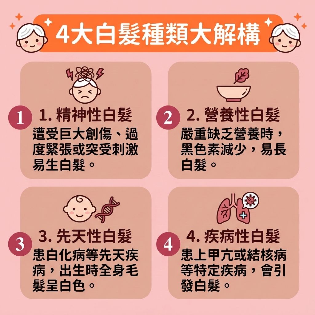 這是一張 1:1 正方形的可愛扁平化向量資訊圖表,採用台灣健康部落格風格,為您詳細解析【白髮成因】。圖表指出【白髮】不僅因【遺傳】與自然【衰老】,更與生活息息相關。當【壓力】過大且無法【舒緩精神壓力】,或【睡眠】不足未能【改善睡眠質素】時,會導致體內【自由基】增加並影響【荷爾蒙】,進而破壞【頭皮】中【酪氨酸酶】的活性。
若出現【腎虛】及【氣血】不足,必須及早【調理肝腎氣血】。圖表建議透過【補充頭髮營養】,如攝取足夠的【蛋白質】、【維他命】、【鐵質】以及【攝取抗氧化物】,多吃【黑芝麻】與【何首烏】,有助於【增加黑色素】並保護【毛囊】內的【黑色素】細胞。維持良好的【血液循環】能【促進血液循環】,為【護理脆弱髮絲】與【改善頭皮環境】打好基礎,從而有效【延緩毛囊老化】。
為求【改善白髮】並期望【白髮變黑】,切記要【減少拔白髮】,以免引發毛囊炎。頻繁使用化學【染髮劑】不僅會導致【染髮傷害頭皮】,更可能加劇落髮危機。要徹底落實【預防白髮】及【預防脫髮方法】,建議尋求【專業頭皮護理】,透過專業按摩來【刺激毛囊再生】並【激活休眠毛囊】,達到真正健康豐盈的秀髮!