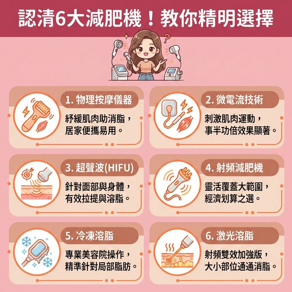 這是一張台灣健康部落格風格的 1:1 正方形醫美資訊圖表。圖中的長髮女孩正在尋找合適的減肥機,希望透過先進的無創溶脂技術來燃燒體內脂肪與破壞脂肪細胞。日常生活中,除了配合帶氧運動(例如使用跑步機、橢圓機或健身單車等帶氧運動器材),控制卡路里攝取以落實健康體重管理外,我們還需要提升新陳代謝(促進新陳代謝),並有效降低體脂率與體重指數。
針對難以消除的贅肉,可選擇局部減脂療程。市面上有各種儀器:微電流能增加肌肉比例並鍛鍊肌肉;物理按摩能促進血液循環(加強血液循環)與活化淋巴以疏通淋巴排毒,從而改善水腫問題。高階的療程如超聲波、射頻與冷凍溶脂,能精準消除頑固脂肪(消滅深層脂肪)並減少脂肪積聚。
這些安全無痛減肥方法不僅能幫助你突破減肥停滯期、消耗多餘熱量,還能刺激膠原增生(增加膠原蛋白),有效收緊鬆弛肌膚與塑造緊緻線條。若想獲得最理想的效果,建議尋求專業醫學美容的協助。香港完美醫療提供頂級的醫美定位修形服務,為您安全打造完美體態!