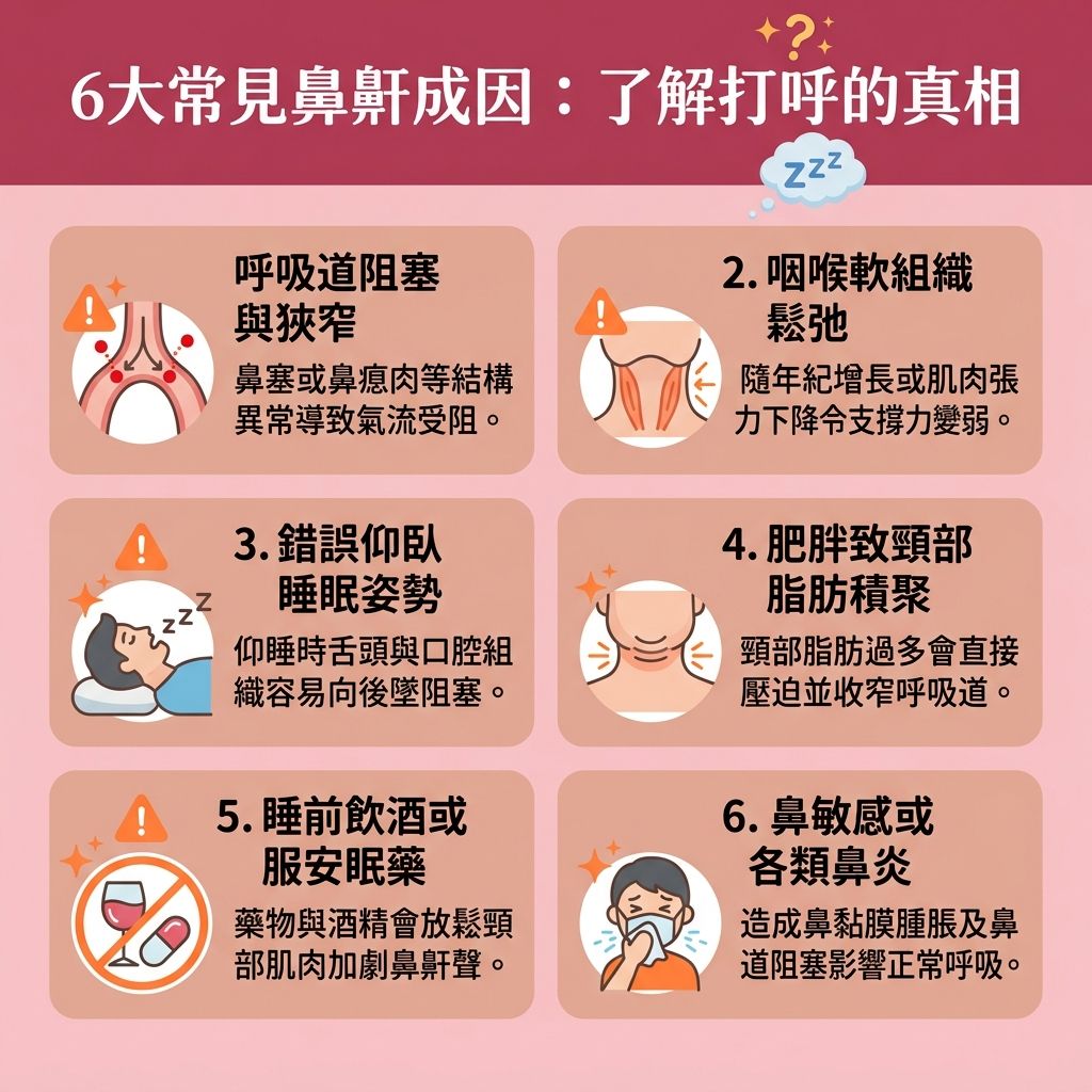 這是一張台灣健康部落格風格的 1:1 正方形扁平化資訊圖表,詳細解說六大鼻鼾成因。當我們遇到嚴重的【鼻塞】,甚至【鼻塞導致失眠】時,必須積極尋找【解決鼻塞方法】以【快速通鼻塞】。打鼻鼾常源於【呼吸道】受阻,例如患有【鼻敏感】、【鼻炎】或【鼻竇炎】,導致【鼻腔】內的【鼻黏膜】發炎與【鼻黏膜腫脹】,引發【鼻水】狂流甚至【鼻水倒流喉嚨】。若長有【鼻瘜肉】,更會嚴重加劇阻塞問題。
為了【舒緩鼻塞症狀】與【緩解鼻敏感不適】,大眾可使用【洗鼻器】搭配【生理鹽水】來【洗鼻舒緩鼻塞】並【清潔鼻腔分泌物】,這有助於【預防上呼吸道感染】。在【中醫】角度,按壓【穴位】(如【迎香穴】等【通鼻塞穴位】)也能幫助【睡前通鼻塞】。
若情況嚴重,應前往專業【診所】尋求【醫生】進行【耳鼻喉科專科診斷】。透過【耳鼻喉科】的專業評估,醫生可能處方【噴鼻劑】(如【類固醇噴鼻劑】含有【類固醇】成分)來進行【鼻竇炎治療】。這能有效【改善呼吸道阻塞】並【改善用口呼吸】。只要對症下藥,便能【降低鼻鼾頻率】、【減輕日間疲倦】,最終達到【提升睡眠質素】與優化整體【睡眠質素】的目標。