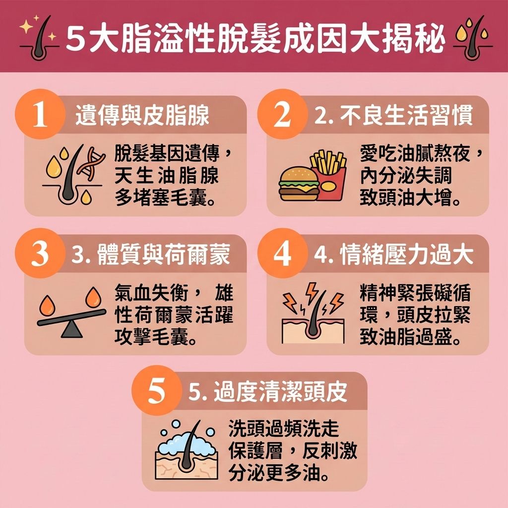 這是一張 1:1 正方形的可愛扁平化向量資訊圖表插畫,以台灣健康部落格風格,詳解【脂溢性脫髮】的五大成因。圖表指出,當【皮脂腺】的【頭皮油脂分泌】過盛,會破壞【頭皮】的【角質層】,引發【馬拉色菌】等【真菌】滋生,導致【頭皮屑】增多與【毛囊炎】,這是明顯的【脫髮早期先兆】。
若不及時【解決毛孔堵塞】與【深層清潔毛囊】,會引發【頭皮敏感痕癢】與嚴重【脫髮】。加上體內【睪酮】等【荷爾蒙】異常轉化為【雙氫睪酮】,會無情攻擊【毛囊】,誘發【雄性禿】。
為了落實【預防脫髮方法】與【脂溢性脫髮治療】,圖表建議應【平衡油脂分泌】並做好【日常頭皮護理】,透過【溫和清潔頭皮】來【舒緩頭皮紅腫】並【減少頭皮屑】,有效【抑制真菌感染】並【改善頭皮環境】。
治療與保養方面,除了攝取充足【蛋白質】,醫學上可使用含【米諾地爾】的【生髮水】,或口服【非那斯特萊】來【抑制男性荷爾蒙】。嚴重發炎時醫生可能會處方【類固醇】藥膏。這些專業對策能幫助【強健脆弱髮根】、【刺激毛囊再生】、【減少掉髮數量】並【改善頭頂稀疏】。若情況無法逆轉,建議尋求【專業生髮療程】或【植髮】手術來徹底解決危機!
