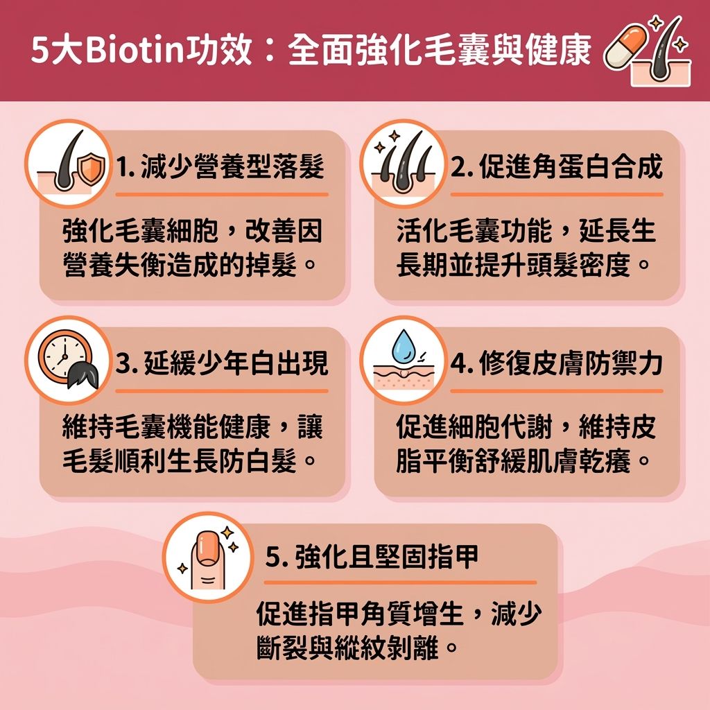 這是一張台灣健康部落格風格的 1:1 正方形資訊圖表,詳細解說生物素生髮功效及如何解決脫髮問題。圖表強調生物素(即強效的防脫髮維他命)是維持毛囊與頭皮健康的關鍵營養素。當人體缺乏生物素脫髮時,會影響細胞新陳代謝與血液循環,導致脫髮與雄性禿加劇。
透過多攝取富含生物素食物(如蛋黃、堅果、酵母)或尋求優質的生物素保健品推薦(如各類保健品),確保足夠的生物素每日攝取量,能結合體內的氨基酸與酵素,有效促進角蛋白合成,保護構成髮絲的角蛋白與蛋白質。這不僅能刺激毛囊生長、延長毛髮生長期,更是強化髮根健康、減少掉髮數量及改善頭髮稀疏的重要方法,最終達到預防異常掉髮與增加頭髮厚度的目標。
對於尋求產後脫髮生物素補充或想修復受損髮質的族群,搭配生物素洗頭水能進一步促進頭皮健康,調節皮脂腺功能。除了頭髮,生物素對指甲與皮膚的強韌與修復也有極大益處。使用前建議諮詢醫生以了解自身狀況並避免生物素副作用。