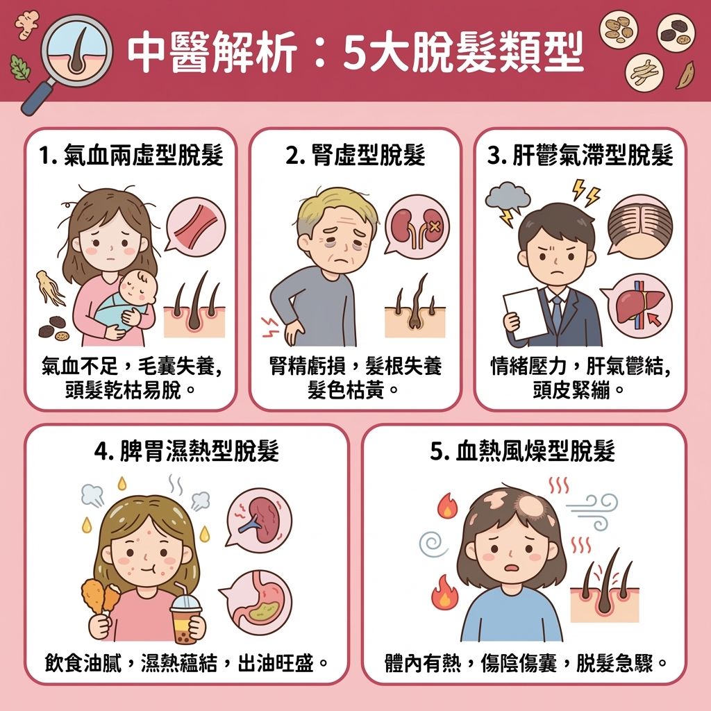 這是一張採用台灣健康部落格資訊格風格設計的可愛、具教育性醫美感正方形扁平化向量插畫資訊圖表。圖表頂部標題為「中醫解析:5大脫髮類型」,詳細展示了中醫對多種脫髮、斑禿、圓形禿及雄性禿問題的辯證分型及潛在的健康隱患,是許多人尋求中醫治療脫髮與了解中醫治脫髮療程時的重要參考。圖表分為五個網格,分別介紹:1. 氣血兩虛型,顯示一位面色蒼白的產後女性或長期體虛者,因氣血不足無力濡養毛囊導致頭髮乾枯稀疏,提示需調理氣血生髮;2. 腎虛型,描繪一位因年紀大、過度操勞、肝腎不足或房事過度導致腎虛的患者,髮根失養、髮色枯黃,伴隨腰膝痠軟,建議腎虛脫髮改善方法;3. 肝鬱氣滯型,展示一位深受壓力、情緒抑鬱、氣滯血瘀所苦的年輕上班族,毛囊缺乏營養,頭皮緊繃易怒,需針對精神因素進行中醫調理脫髮;4. 脾胃濕熱型,顯示一位飲食油膩、作息不調導致脾胃濕熱內蘊的油性頭皮患者,毛囊阻塞、頭屑頭癢,強調改善脾胃防掉髮的重要性;5. 血熱風燥型,描繪一位因熱盛傷陰、外感風邪導致血熱風燥傷及毛囊的患者,其血熱脫髮特徵為脫髮急驟甚至出現斑禿。整張圖表旨在向公眾推廣科學的脫髮中醫診斷觀念,引導患者在考慮使用何首烏、當歸、黑芝麻等中藥(如中藥洗頭防脫髮或服用防脫髮中藥湯水)、攝取對頭髮有益的食物(如黑芝麻生髮食療)、或尋求中醫生髮偏方、接受針灸生髮(如頭皮針灸治療)及中醫生髮穴位按摩等療程前,先正確辨識體質分型,以達到調理氣血生髮與活血化瘀生髮的最佳生髮效果及專業的女性脫髮中醫調理服務,安全地發揮何首烏生髮功效及改善頭皮毛囊萎縮。