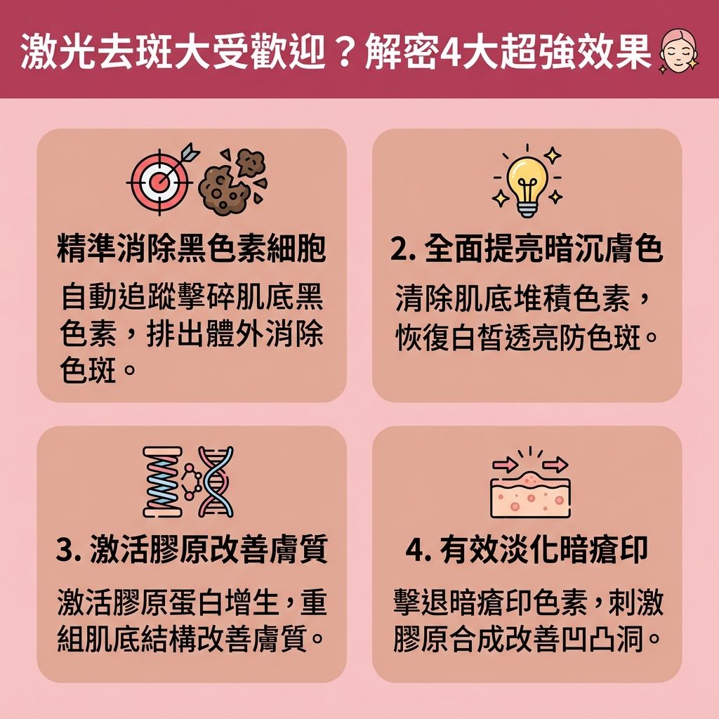 這是一張台灣健康部落格風格的1:1正方形扁平化資訊圖表,詳細解說【激光】與【皮秒激光】療程為何大受歡迎。面對【角質層】、【表皮層】及【真皮層】中活躍的【黑色素細胞】,若不妥善防護,會導致【黑色素】大量堆積,形成【太陽斑】、【雀斑】、【老人斑】、【荷爾蒙斑】(又稱【黃褐斑】)甚至是【汗斑】等各類【色斑】。日常需使用【護膚品】與富含【維他命】的成分來【抵抗自由基】、【去除老廢角質】與【促進新陳代謝】(加速【新陳代謝】),並塗抹【防曬霜】落實【物理防曬方法】,以【阻截黑色素形成】、【預防色素沉澱】及【防止肌膚老化】。
然而,要徹底【解決色素沉澱】與【淡化色斑】,專業的【去斑療程推薦】是首選。雷射能精準【擊碎深層黑色素】,帶來顯著的【激光去斑效果】,不僅能【改善膚色不均】、【均勻膚色】、【提亮膚色】與【改善暗沉肌膚】,其光熱效應更能【刺激膠原增生】(補充【膠原蛋白】),達到【修復受損肌膚】的效果。療程後需注意可能出現的微小【結痂】、短暫的【去斑反黑期】或【激光打斑副作用】,只要做好保濕防曬,便能重拾無瑕美肌。