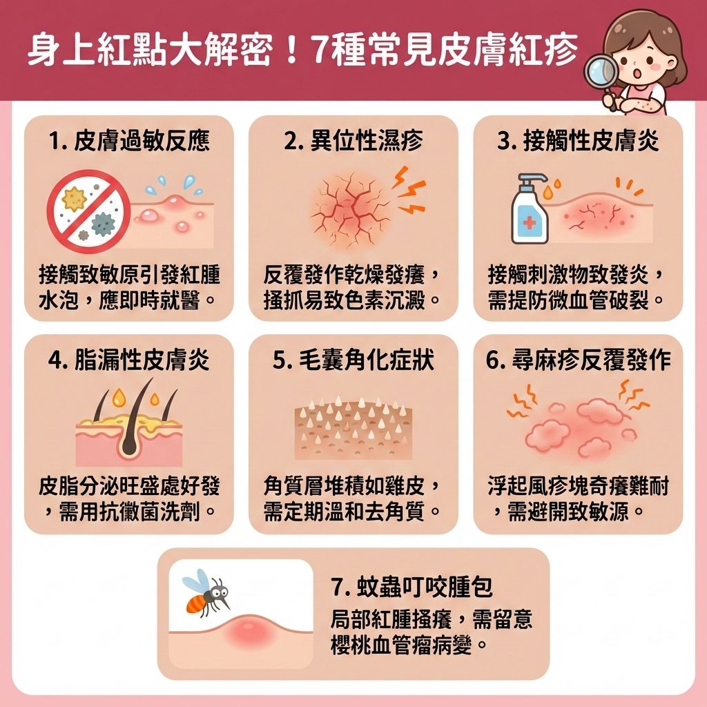 這是一張台灣健康部落格風格的醫學美容資訊圖表,詳細解密身上出現紅點的7大原因。當您感到皮膚痕癢難當時,可能是由於接觸到環境中的塵蟎等過敏原,或是因免疫系統失調引發的紅腫發炎反應。圖表列出常見的皮膚問題如濕疹、蕁麻疹、毛囊炎、以及伴隨丘疹的汗疹與玫瑰痤瘡,這些都可能破壞健康的皮膚屏障與角質層。
針對這些問題,正確的護理至關重要。我們必須避免過度搔抓以免損害微血管,並透過冰敷舒緩紅腫來達到褪紅消炎鎮靜的效果。日常應挑選溫和的護膚品來溫和清潔皮膚與徹底清潔毛孔,並嚴格避免刺激物質,藉此修復受損組織並增強皮膚屏障。為了降低過敏機率與調節免疫功能,應保持環境通風並減少進食辛辣,這有助於促進血液循環。
若紅點持續不退,甚至懷疑是櫻桃血管瘤等病變,切勿自行濫用類固醇,應盡快諮詢專業皮膚科醫生。圖表不僅教導如何舒緩過敏症狀與預防暗瘡,更強烈推薦完美醫療的專業療程,包含能改善粗糙膚質的激光項目、激光去印療程,以及皇牌「暗瘡分手療程」,助您從根本解決問題,實現長效預防復發!