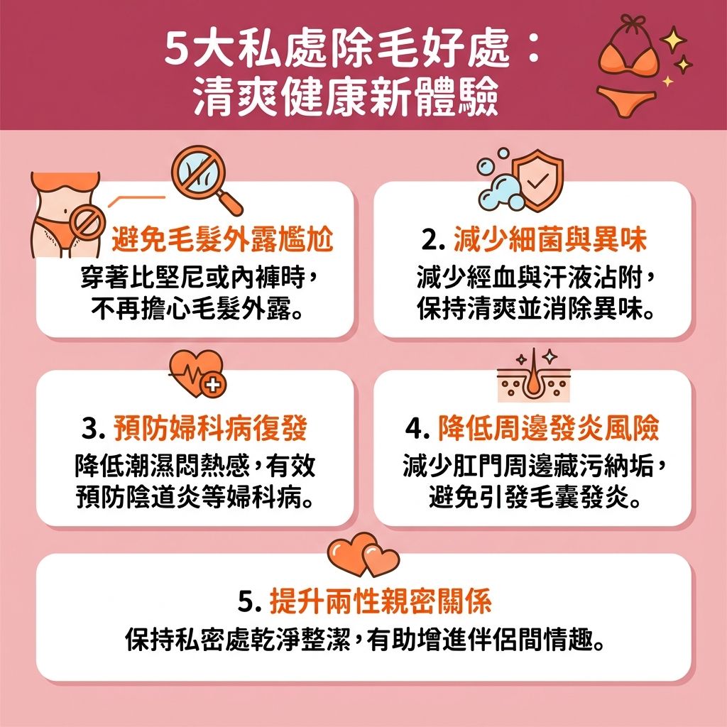 這是一張台灣健康部落格風格的 1:1 正方形資訊圖表,詳細解說私處除毛好處與正確的私密處保養步驟。為了保持私處及比堅尼位的衛生,許多人會尋找安全脫毛方法。如果使用剃刀、蜜蠟或脫毛膏處理毛髮,可能會引發拔毛後遺症,導致皮膚的角質與毛孔受損,甚至造成紅腫、炎症,增加黑色素與色素累積。為了解決毛囊發炎並改善毛髮倒生,應盡量避免難以忍受的蜜蠟脫毛痛楚。
專業醫生的比堅尼脫毛推薦是選擇專業脫毛中心進行無痛激光脫毛。了解激光脫毛原理後,會發現激光透過特定波長與能量深入毛囊,配合冰感技術能避免皮膚灼傷並舒緩脫毛紅腫,達到理想的永久脫毛效果。
圖表也提醒挑選適合脫毛季節進行療程,並重視脫毛前後護理及私密處脫毛保養。日常需搭配溫和去角質與塗抹保濕霜,這不僅能減少色素沉澱,還能收細粗大毛孔,讓私密肌膚保持清爽健康。