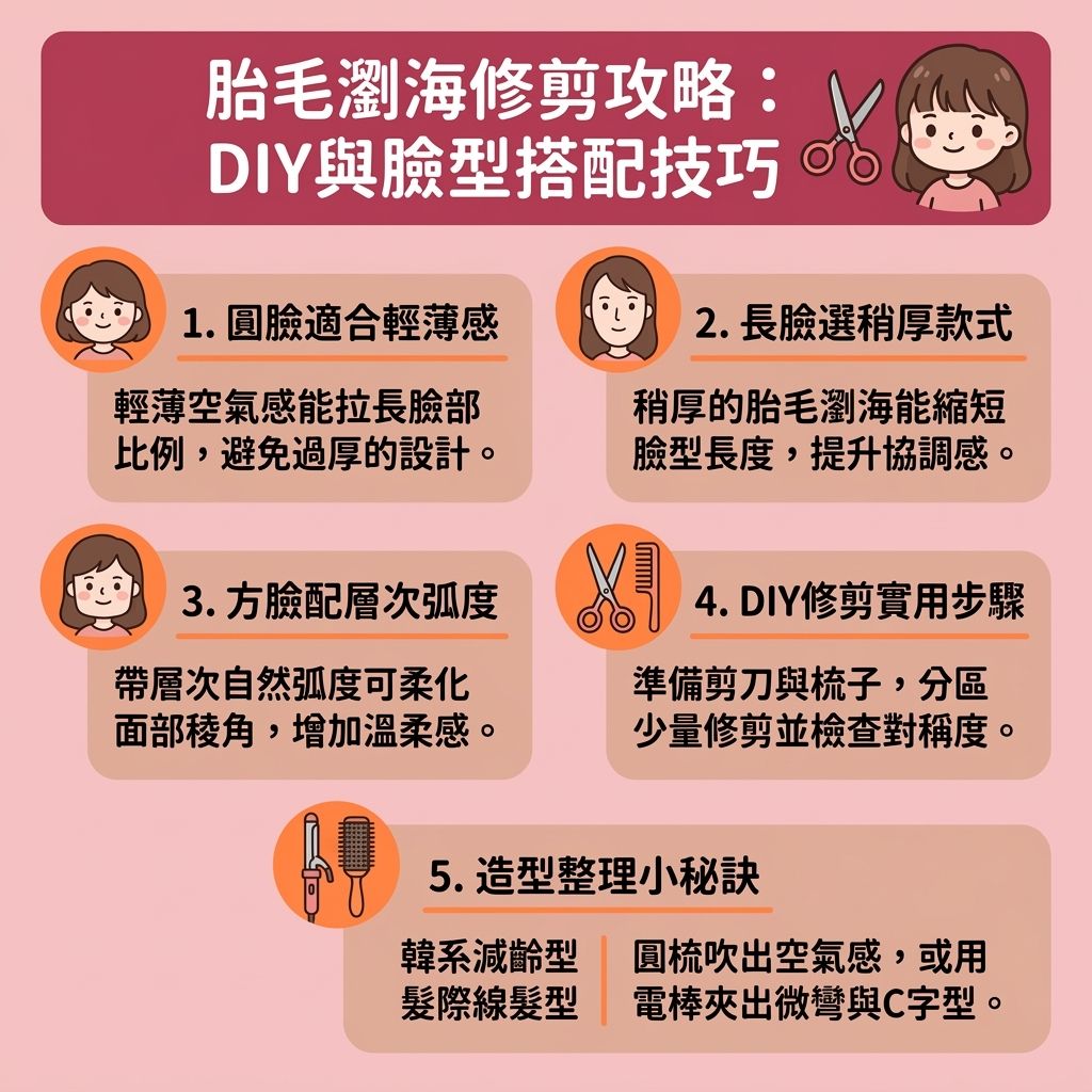 這是一張台灣健康部落格風格的 1:1 正方形資訊圖表,詳細介紹了胎毛瀏海剪法與整理胎毛教學。許多人為了修飾高額頭與拯救寬額頭,會利用這款韓系減齡髮型來隱藏髮際線後移及遮蓋額角禿。無論你的臉型為何,了解胎毛瀏海適合臉型能有效改善臉型比例、修飾面部輪廓,並突出精緻的五官,成功塑造小臉視覺。
圖表教你如何自己動手剪瀏海,只需準備剪刀與扁梳,將邊緣碎髮修剪,即可遮擋邊緣缺角。這不僅是髮際線稀疏救星,更是掩飾脫髮初期與改善稀疏髮際線的妙招,能瞬間增加髮量視覺效果並提升髮型層次感。造型時,可搭配定型噴霧與髮尾油,掌握胎毛瀏海定型技巧,讓髮絲與髮型更加服貼自然。
若你正面臨脫髮問題,發現額頭與額角越來越高,甚至有髮量流失的困擾,除了利用髮際線粉進行視覺修飾,更應關注頭皮與毛囊的健康。為了解決頭髮稀疏,日常可搭配生髮水滋養髮根。若情況嚴重,最終可能需要考慮植髮手術,才能從根本解決髮際線後退的問題。