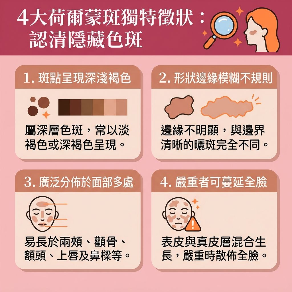 這是一張台灣健康部落格風格的 1:1 正方形扁平化資訊圖表,仔細描述了【荷爾蒙斑】(臨床上又稱【黃褐斑】、【肝斑】或【蝴蝶斑】)的四大特徵。圖中說明了【荷爾蒙斑成因】常與體內【雌激素】改變(例如常見的【產後荷爾蒙斑】)及長期的【紫外線】照射有關。有別於【雀斑】與【太陽斑】等【淺層色斑】,它通常屬於較難纏的【深層色斑】,會導致大量【黑色素】在【角質層】及真皮層積聚,造成各種困擾的【色斑】問題。
為了【預防色斑形成】與【阻截黑色素形成】,日常需做足【防曬】,挑選合適的【護膚品】以【預防黑色素沉澱】與【解決色素沉澱】。若想【去除黃褐斑】、【淡化色斑】及全面【美白去斑】,單靠保養來【促進新陳代謝】(提升皮膚【新陳代謝】)往往效果有限。
建議前往專業【診所】尋求【醫生】協助,進行精準的【荷爾蒙斑治療】。現時熱門的【去斑療程推薦】包括【激光】與【皮秒激光】等醫美【療程】。這些先進的【無痛去斑技術】能深入肌底【打散黑色素】,不僅具有極佳的【激光去斑效果】,還能【刺激膠原增生】(喚醒肌底的【膠原蛋白】),徹底【改善膚色不均】。建議在詳細了解【激光去斑價錢】後及早接受治療,便能重拾白滑無瑕的肌膚。