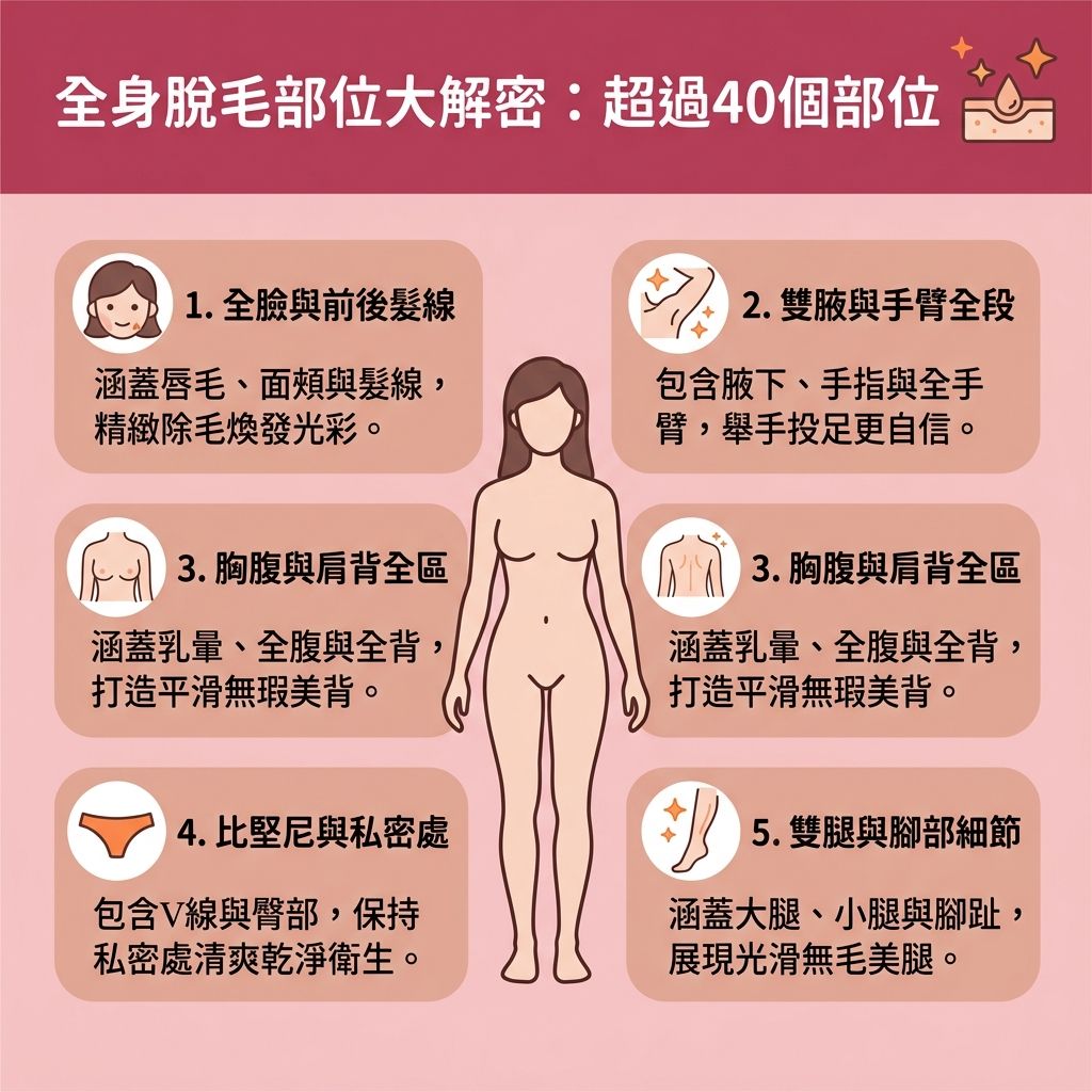 這是一張台灣健康部落格風格的 1:1 正方形資訊圖表,詳細解說全身脫毛的涵蓋部位與全身激光脫毛的優勢。許多人常因使用剃刀、蜜蠟或化學脫毛膏不當,引發難以忍受的蜜蠟脫毛痛楚與拔毛後遺症,甚至導致皮膚受損、毛囊與毛孔發炎(需解決毛囊發炎及對付炎症),並造成黑色素積聚。
圖表強烈建議尋求專業醫生與專業脫毛中心,了解激光脫毛原理與合理的脫毛價錢收費。透過無痛脫毛推薦的激光技術,能有效改善毛髮倒生、避免皮膚灼傷並達到夢寐以求的永久脫毛效果。
圖中詳細列出脫毛部位:從臉部的面毛、唇毛(需留意面部脫毛注意),到腋下(可搭配腋下美白方法)、手臂、小腿,再到嬌嫩的私密處與比堅尼位(需高度重視私密處脫毛保養)。只要把握適合脫毛季節,做好脫毛前後護理,定期進行溫和去角質清理老廢角質,就能有效減少色素沉澱、舒緩脫毛紅腫,徹底清除多餘毛髮。同時,務必依循指示完成足夠的脫毛療程次數,便能還原無瑕白滑肌膚。
