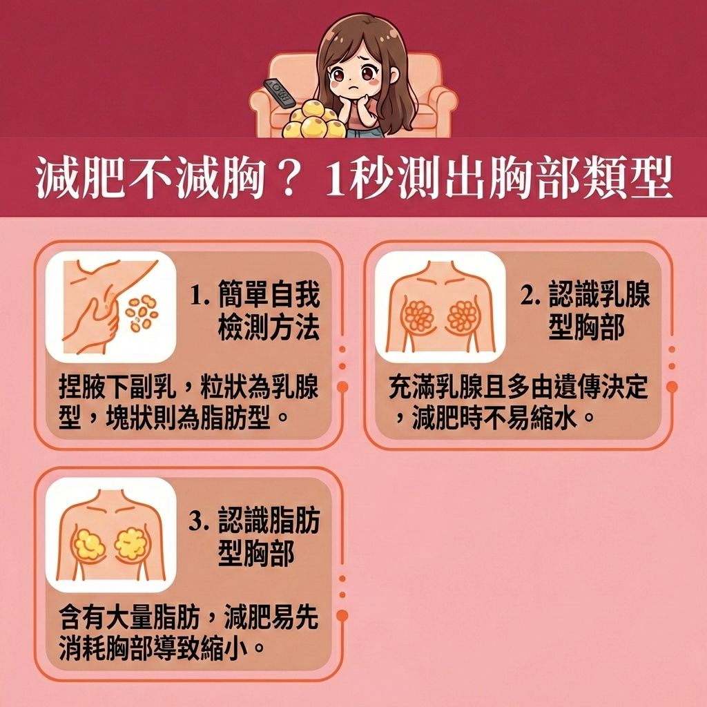 這是一張台灣健康部落格風格的正方形醫美資訊圖表。圖中的長髮女生正在測試胸部類型。想要預防胸部下垂與防止胸部縮水,以維持豐滿罩杯,必須了解自己的胸部是乳腺型還是脂肪型(即充滿皮下脂肪)。在精算卡路里與控制熱量攝取時,要多喝豆漿、吃木瓜,並補充優質蛋白(如蛋白質),以刺激荷爾蒙分泌(平衡雌激素與荷爾蒙)。
為緊緻胸部線條,可進行阻力訓練來鍛鍊胸部肌肉(針對胸大肌與整體肌肉),並增加肌肉比例與提升基礎代謝。同時要配合擴胸運動及規律的帶氧運動,以燃燒全身脂肪。此外,透過針對特定穴位來進行豐胸按摩,能促進血液循環(加強血液循環)與活化淋巴以疏通淋巴排毒。
若想更有效率,可考慮醫學美容的局部減脂療程。透過先進的無痛溶脂技術與溶脂儀器,能精準擊退贅肉並刺激膠原增生(補充膠原蛋白)。香港完美醫療提供專業的醫美定位修形與專屬瘦身方案,