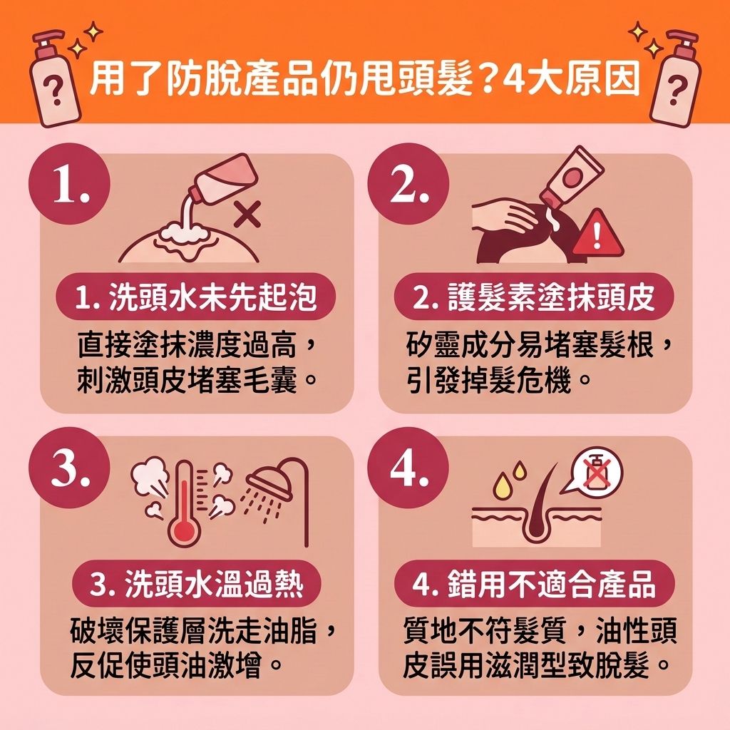 這是一張 1:1 正方形的可愛扁平化向量資訊圖表,採用台灣健康部落格風格,詳解為何用了【防脫髮產品】仍有嚴重的【脫髮】危機。圖表指出,若【選擇防脫髮產品】不當,或錯誤使用【防脫髮洗頭水推薦】的【洗頭水】及【育髮精華】,會導致【皮脂腺】異常,無法【控制頭皮油脂】,進而嚴重堵塞【頭皮】與【毛囊】。
要【預防髮線後移】及【解決前額脫髮】,必須正確進行【頭皮深層清潔】,【調理頭皮環境】並【舒緩頭皮敏感】。圖中建議,洗頭水溫不宜過熱,以免破壞保護層。若因【荷爾蒙】轉化為【雙氫睪酮】引發【雄性禿】,單靠洗頭水是無法【抑制男性荷爾蒙】的。此時需【促進頭皮血液循環】(維持良好【血液循環】),並攝取【蛋白質】以【補充頭髮營養】,藉此【強健脆弱髮根】與【延緩毛囊萎縮】。
若想進一步【改善頭髮稀疏】並【增加頭髮密度】,可考慮含有【咖啡因】、【鋸棕櫚】、含藥性【米諾地爾】的【生髮水】,或口服【非那斯特萊】。這些成分能【刺激毛囊再生】、【激活休眠毛囊】並【延長頭髮生長期】,有效【減少掉髮數量】。若情況無改善,圖表強烈建議諮詢【醫生】,尋求【專業生髮療程】或【生髮療程】的協助,甚至考慮【植髮】手術,
