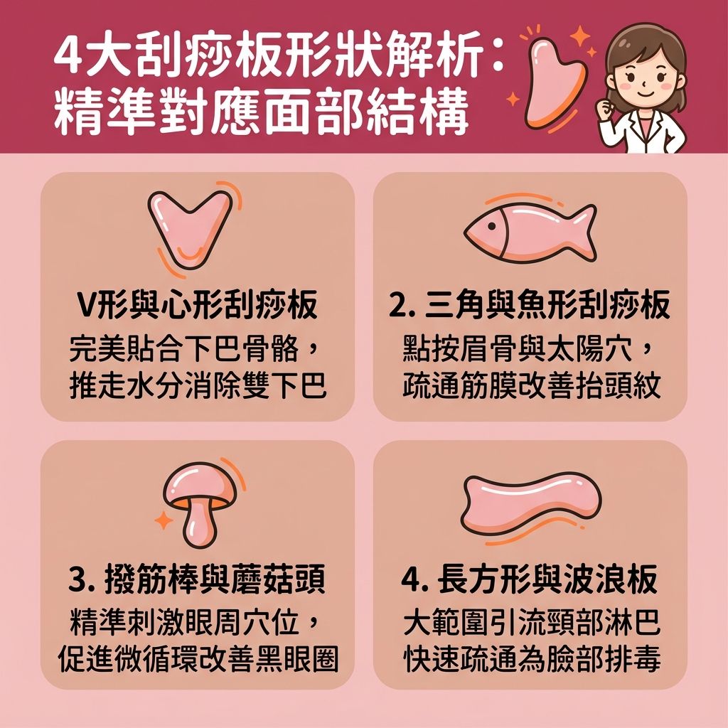 這是一張呈現台灣健康部落格風格的 1:1 正方形扁平化資訊圖表,主題為面部刮痧教學與刮痧板用法。圖解這款瘦面神器(刮痧板)的不同形狀如何對應面部結構。
透過刮痧方向圖解與瘦面按摩技巧,教你如何搭配精華或按摩油正確使用。V形板能完美貼合下頜線,有效提升下頜線條、針對發達的咀嚼肌,是消除雙下巴(減退雙下巴)與改善面部水腫的極佳去水腫方法。
魚形板可用於疏通經絡穴位,點按穴位與經絡,能舒緩眼部疲勞並撫平皺紋。撥筋棒能精準刺激眼周微絲血管,幫助改善黑眼圈(淡化眼圈),同時能減淡法令紋並提亮蘋果肌。長形板適合大面積的淋巴排毒按摩,推走淋巴內的毒素,進行深層的面部排毒護理。
在了解刮痧板材質比較與尋找刮痧板推薦時,正確的刮痧能大幅促進血液循環(加強血液循環),幫助排走水腫。這不僅能提拉面部肌膚、刺激膠原蛋白增生以改善皮膚彈性,更能達致緊緻面部輪廓與重塑立體輪廓的完美效果。