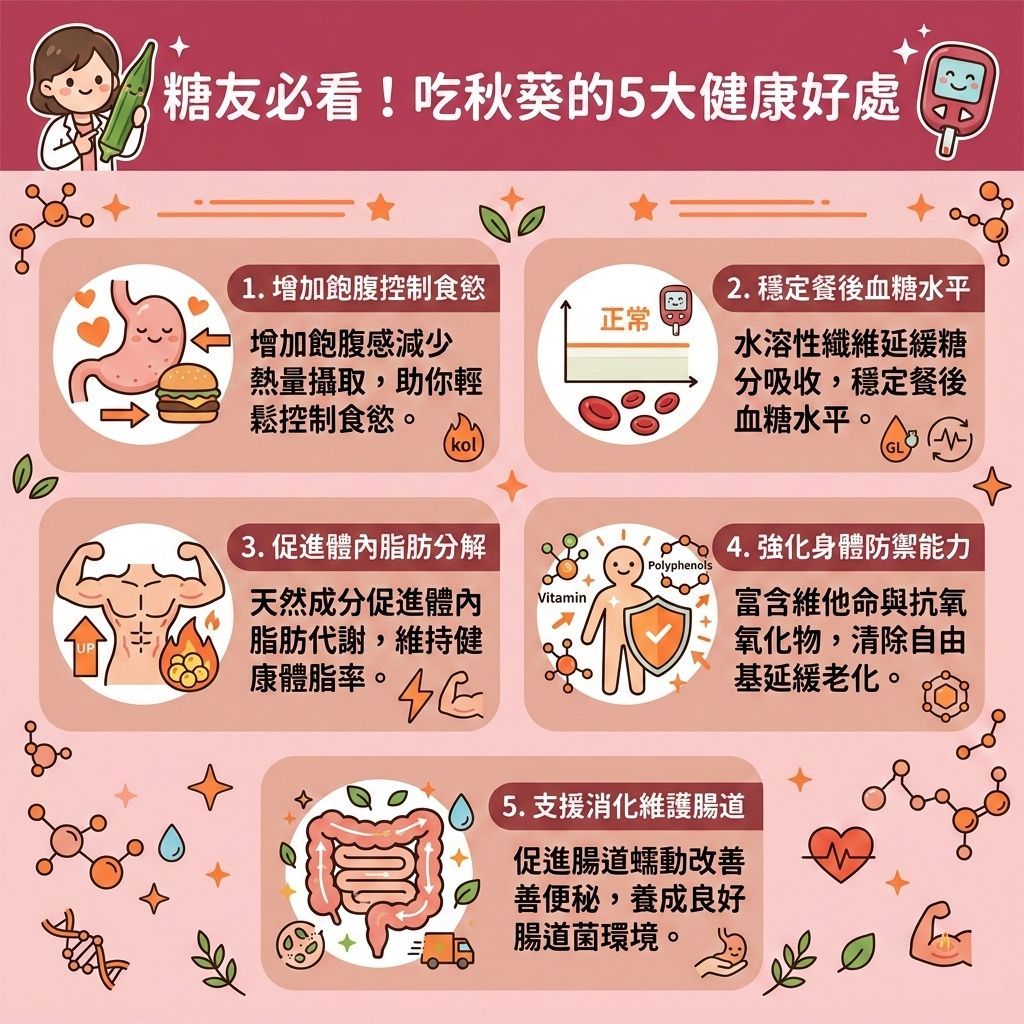 這是一張台灣健康部落格風格的資訊圖表,介紹秋葵的好處與秋葵減肥功效。秋葵富含膳食纖維與水溶性纖維,其特有的黏液能增加飽足感與飽腹感,幫助我們控制熱量攝取,減少攝入過多卡路里。這能有效延緩血糖上升,穩定血糖,並有助於降低膽固醇與代謝壞膽固醇。
在健康減脂餐單中,秋葵搭配優質蛋白質與綠茶,能提供豐富的維他命與抗氧化物。豐富的纖維能促進腸胃蠕動,維持腸胃健康,幫助排毒清腸宿便與消除身體水腫。這不僅能提升基礎代謝與整體的基礎代謝率,加速新陳代謝,更能幫助身體燃燒深層脂肪,針對內臟脂肪與多餘脂肪進行打擊。
對於想要改善中央肥胖、尋找減大肚腩方法的人,吃秋葵能預防脂肪積聚,成功降低體脂比例(降低體脂率),助你突破減肥停滯期,打造易瘦體質。若想進一步追求完美曲線,除了飲食,醫學美容也是好選擇。香港完美醫療提供專業的局部減脂療程。透過安全的無創減脂技術進行醫美定位修形,能安全高效地重塑迷人體態!