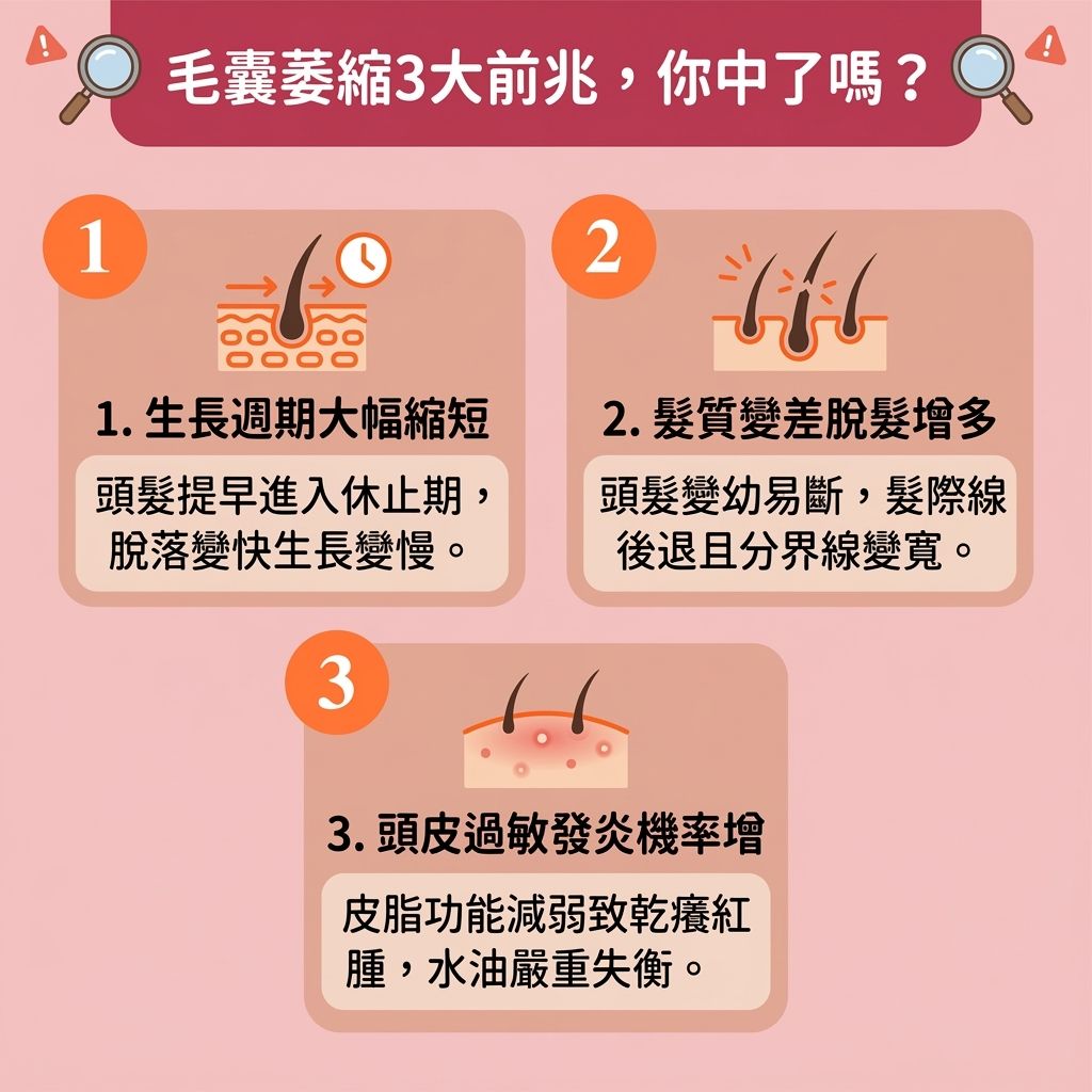 這是一張 1:1 正方形的可愛扁平化醫美資訊圖表,教導大家【預防脫髮方法】與【檢測毛囊健康】。圖中指出,當【遺傳】或【荷爾蒙】失調導致體內【雙氫睪酮】過高時,容易引發【雄性禿】。這會刺激【皮脂腺】分泌過多【油脂】,嚴重堵塞【毛孔】。
若缺乏【營養】、【蛋白質】與【角蛋白】,【微絲血管】與【毛乳頭】無法提供養分,【毛囊】會提早從【生長期】進入【休止期】。這不僅會造成【頭皮】乾癢紅腫,更會引發嚴重【脫髮】。
為了【解決異常掉髮】與【改善髮線後移】,我們必須及早【修復受損毛囊】並【控制頭皮出油】以【改善頭皮環境】。日常可使用【生髮水】配合【深層清潔毛孔】,做好【調理頭皮健康】。若要【治療雄性禿】,建議尋求【專業生髮療程】或【激光】療程。
這些對策能有效【促進血液循環】與維持良好的【血液循環】。這不僅能【補充毛囊營養】、【強健脆弱髮根】,更能【激活休眠毛囊】及【延緩毛囊萎縮】。最終成功【刺激毛囊再生】、【延長生長週期】,大幅【增加頭髮密度】與【改善頭髮稀疏】!