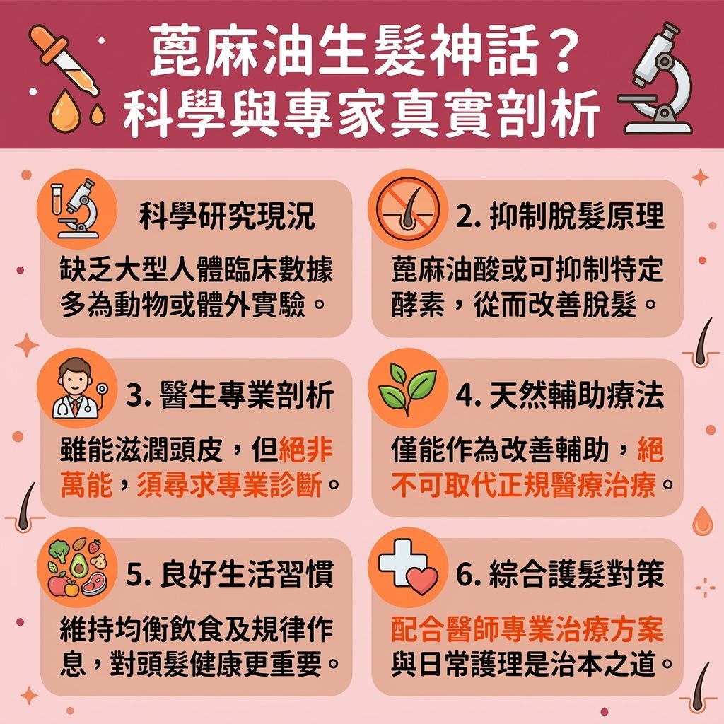 這是一張台灣健康部落格風格的 1:1 正方形資訊圖表,詳細解析了科學與專家對蓖麻油生髮功效的看法。許多人希望能促進頭髮生長並解決脫髮問題,因此探討了蓖麻油如何改善頭皮健康。圖中提到掌握蓖麻油正確用法能幫助預防掉髮及滋潤頭皮,並有效刺激毛囊。作為一種天然生髮方法,它適合頭髮稀疏及產後脫髮的人士。蓖麻油富含蛋白質、維他命、脂肪酸與蓖麻油酸,能幫助形成角蛋白以強化髮絲、減少斷髮並修護受損頭髮。雖然它有助於改善頭皮血液循環(即血液循環),但使用前需注意蓖麻油副作用。想增加頭髮濃密度及治療頭皮屑,除了關注皮脂腺與荷爾蒙變化,還需了解其抗菌與對抗真菌的特性,以減少頭皮的炎症。對於受雄性禿困擾者,這雖然能提供髮根所需營養並富含抗氧化劑,但若脫髮嚴重,應諮詢皮膚科醫生。圖表下方亦附有生髮精華推薦與護髮油推薦,並特別提醒讀者,若正考慮其他醫美項目,需注意脫毛療程比較與潛在的激光反應,以免影響整體毛囊與皮膚健康。