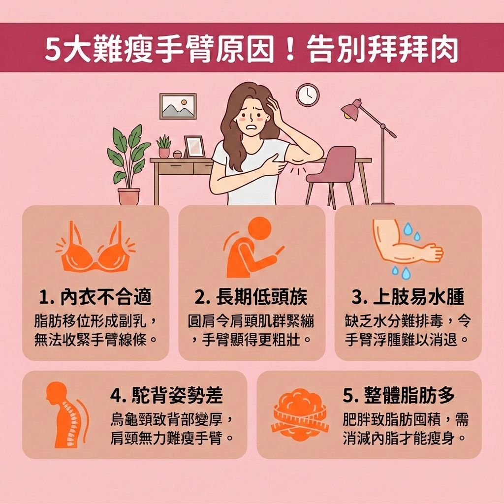 這是一張台灣健康部落格風格的 1:1 醫美資訊圖表。圖中的長髮女生正苦惱著手臂的拜拜肉。要成功減手臂脂肪與消除拜拜肉,必須了解成因。長期低頭與駝背需要糾正不良姿勢,以舒緩肩頸痠痛及改善背部厚度,讓鎖骨與肩膀重現。若因水腫困擾,需疏通淋巴排毒(活化淋巴)來改善上肢水腫。
日常飲食要攝取足夠蛋白質,精算卡路里以控制熱量攝取。運動方面,可舉啞鈴進行伸展運動來鍛鍊三頭肌與二頭肌,並配合帶氧運動(多做帶氧運動),這有助於促進血液循環(加強血液循環)、提升基礎代謝與整體新陳代謝。如此能增加肌肉比例、預防肌肉流失(維持肌肉),進而燃燒體內脂肪(消滅脂肪),達到收緊手臂線條與塑造緊緻線條的效果。
若想針對性處理,可考慮醫學美容的局部減脂療程。香港完美醫療提供專業的醫美定位修形,無論是無痛溶脂技術、溶脂針或抽脂,都能助您安全有效地重獲纖幼雙臂!