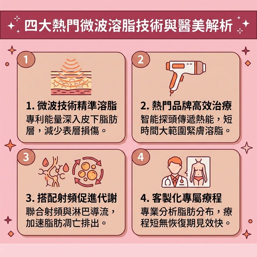 這是一張 1:1 正方形的扁平化向量資訊圖表插畫,嚴格採用台灣健康部落格懶人包風格。圖表以可愛、具教育性與醫美感的方式解析「四大熱門微波溶脂技術與醫美解析」,底部保持純淨無字並無縫應用背景色。
圖表詳細解析這種先進的無創減脂療程,如何運用專利微波技術與專利探頭,安全地穿透真皮層,精準針對深層脂肪進行破壞。這項安全無痛溶脂技術能有效破壞脂肪薄膜,促使巨噬細胞吞噬凋亡的脂肪細胞,大幅減少脂肪數量,成功溶解頑固脂肪並加速脂肪代謝。這不僅是擊退局部肥胖的最佳選擇,更遠勝傳統冷凍溶脂,能精準消除頑固贅肉,特別是難減的大腿外側、肚腩、雙下巴、拜拜肉與下垂的臀部。
療程中結合大範圍射頻技術,能激活膠原蛋白與彈性纖維重組,有效刺激膠原增生,進而提升皮膚彈性與改善皮膚鬆弛。透過醫學美容的醫美定位修形,能完美收緊身體線條、緊緻身體輪廓,並改善凹凸不平的橙皮紋問題。
此外,配合微波溶脂與淋巴系統導流能促進淋巴排毒,全面提升新陳代謝。結合日常控制熱量赤字,能助您突破減肥停滯期,輕鬆減少皮下脂肪,為您塑造完美體態!