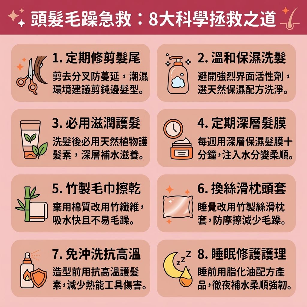 這是一張 1:1 正方形的可愛醫美資訊圖表,教導大家【日常頭髮護理】與【居家護髮療程】。圖中解析,當【髮絲】與【髮尾】受到【紫外線】與【風筒】的【熱力】傷害時,會產生【靜電】,破壞【角質層】與【毛鱗片】,流失珍貴的【水分】、【蛋白質】、【氨基酸】與【角蛋白】。
要【修復受損髮絲】、【解決頭髮開叉】及【改善頭髮乾燥】,我們必須【減少靜電摩擦】並學習【吹頭正確方法】(例如使用帶有【負離子】的工具及合適的【梳子】)。洗頭時,使用溫和的【洗頭水】清潔【頭皮】與深層【毛囊】,接著配合【護髮素】與【髮膜】進行【鎖水保濕護理】與【深層滋潤頭髮】。
日常可塗抹【護髮油】,以【補充頭髮營養】及【隔離熱力傷害】。這些【染燙後續保養】步驟能幫助【閉合毛鱗片】、【減少頭髮打結】,進而【防止頭髮斷裂】與【改善髮質粗糙】。最終能【提升髮絲彈性】、【撫平頭髮毛躁】並大幅【增加頭髮光澤】,讓您重擁【順滑光澤秀髮】!