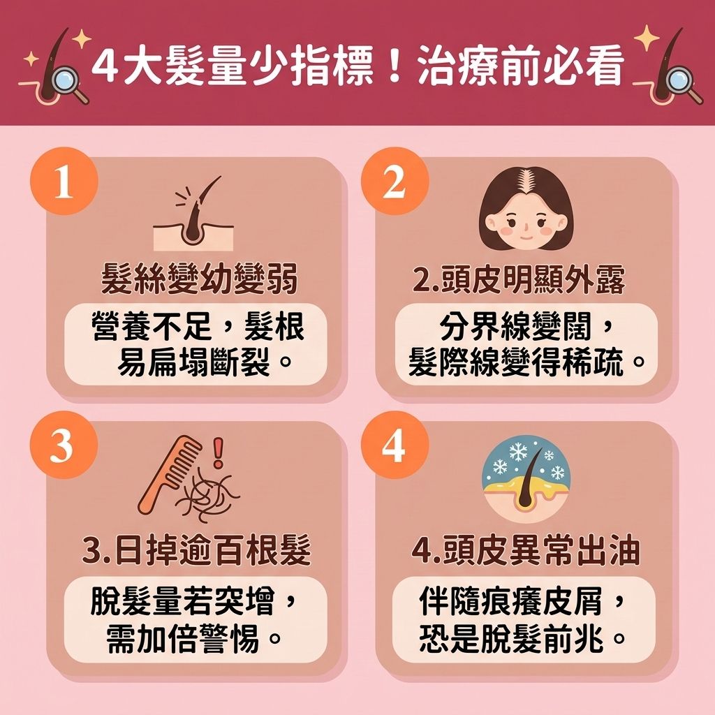 這是一張 1:1 正方形的醫美衛教資訊圖表插畫,主題為檢測【髮量少】的四大指標,教導大眾及早發現異常的【頭髮】脫落現象。圖表風格可愛且具教育性。
圖表說明,當【荷爾蒙】失調或【雌激素】下降,加上體內【雙氫睪酮】強烈攻擊【頭皮】的【毛囊】時,極易引發【雄性禿】與嚴重的【脫髮】危機。若【皮脂腺】異常分泌,會破壞【角質層】,引發【頭瘡】與【頭皮屑】。因此,我們必須盡快【抑制頭皮油脂】並【解決毛孔堵塞】,透過【溫和清潔頭皮】與【頭皮深層清潔】等【日常頭皮護理】,來【舒緩頭皮敏感】與【改善頭皮環境】。
為落實【預防脫髮方法】,必須注重頭部的【血液循環】,適時補充【蛋白質】與【氨基酸】等以【補充頭髮營養】,保護【黑色素】並【延緩毛囊老化】,藉此【強健脆弱髮根】。圖表最後建議,若發現掉髮增多,除了使用【生髮水】,也可尋求【專業生髮療程】或【植髮】手術的協助。這些專業對策能幫助【激活休眠毛囊】、【刺激毛囊再生】與【延長生長週期】,進而【減少掉髮數量】、【促進頭髮生長】、【改善頭髮稀疏】、【增加頭髮密度】並【增加頭髮厚度】,讓【髮根】重拾健康活力!